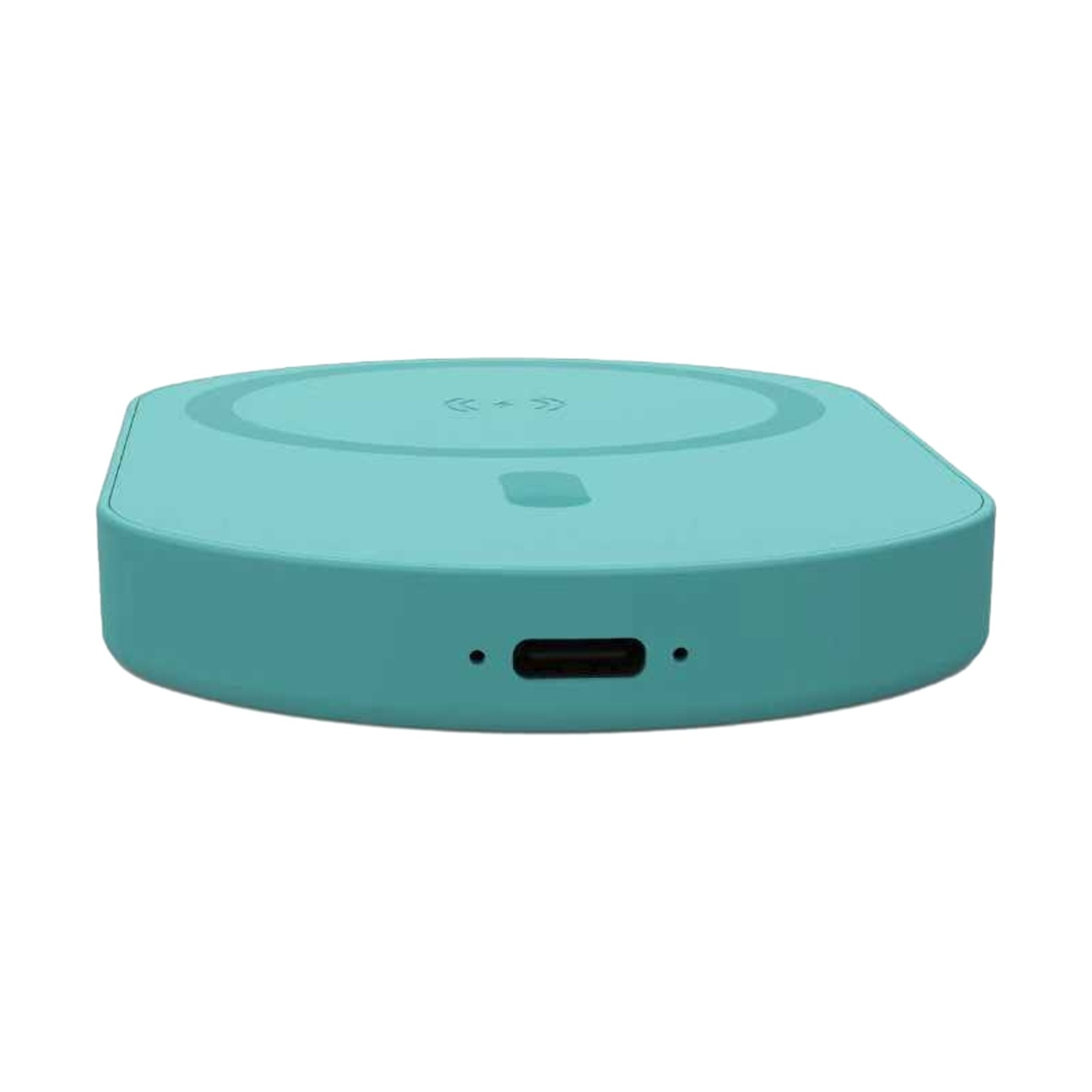 Un caricatore rotondo color verde acqua con porta USB-C e indicatore.