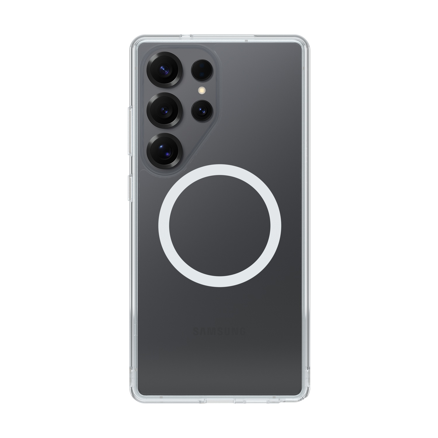 Custodia trasparente per telefono con quattro obiettivi della fotocamera e un cerchio bianco.