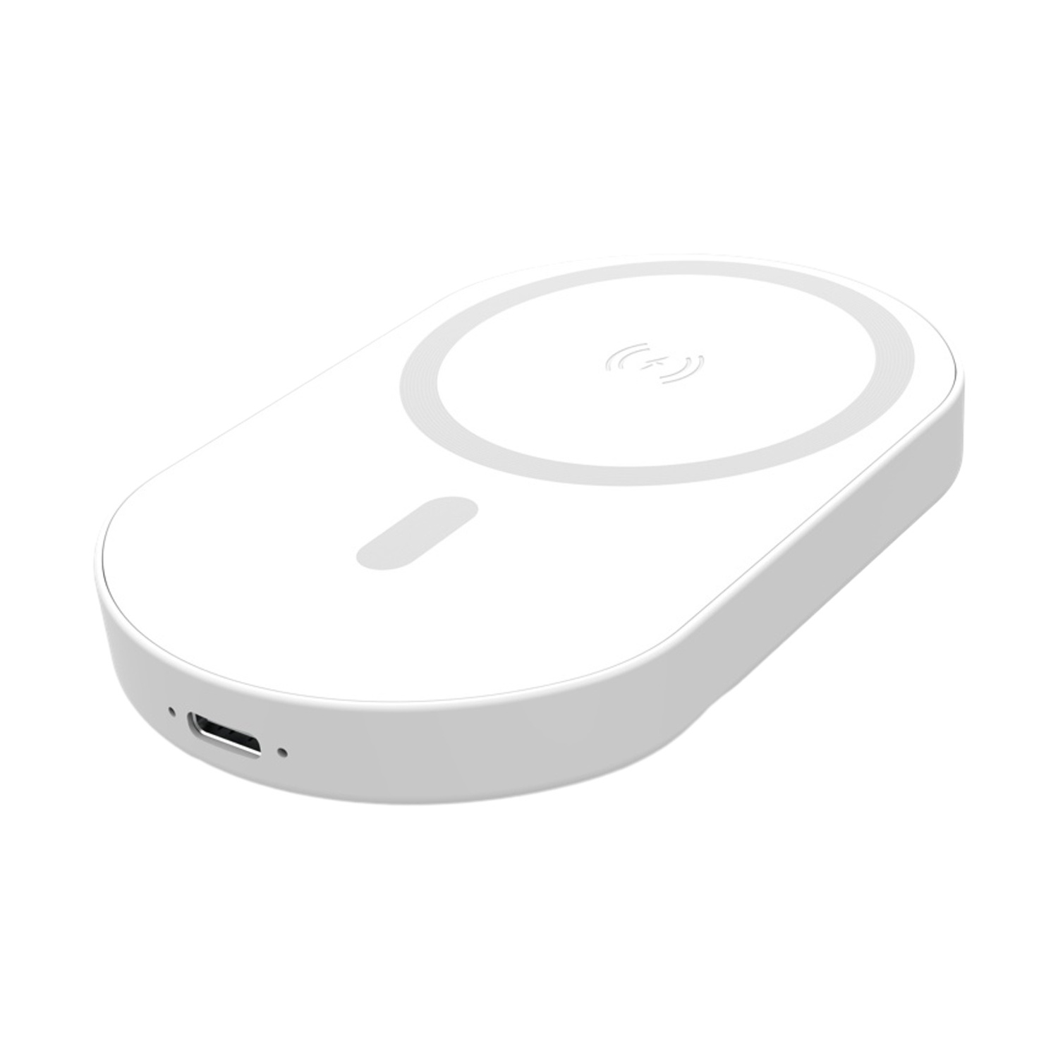 Un caricabatterie wireless bianco con porta USB-C e spia.