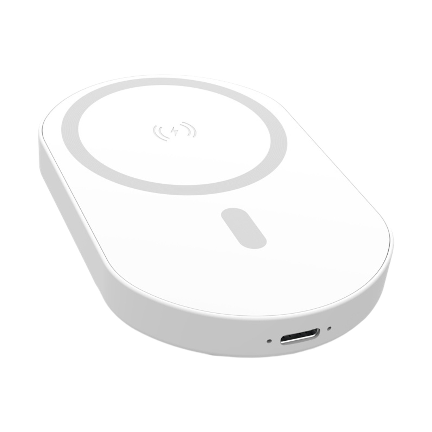 Pad di ricarica wireless bianco con spia e porta USB-C.
