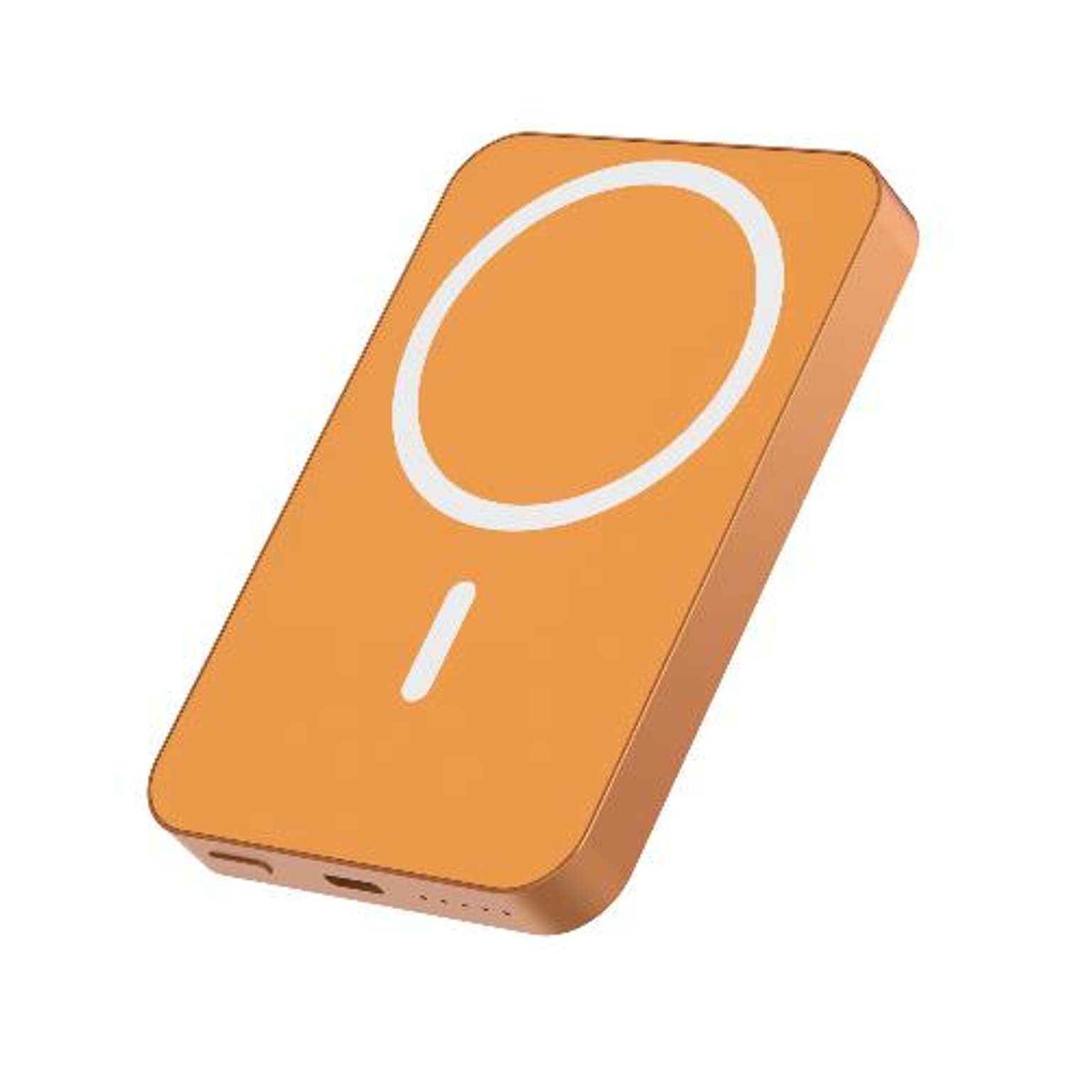 Un caricabatterie wireless arancione con simbolo cerchio e trattino bianco.