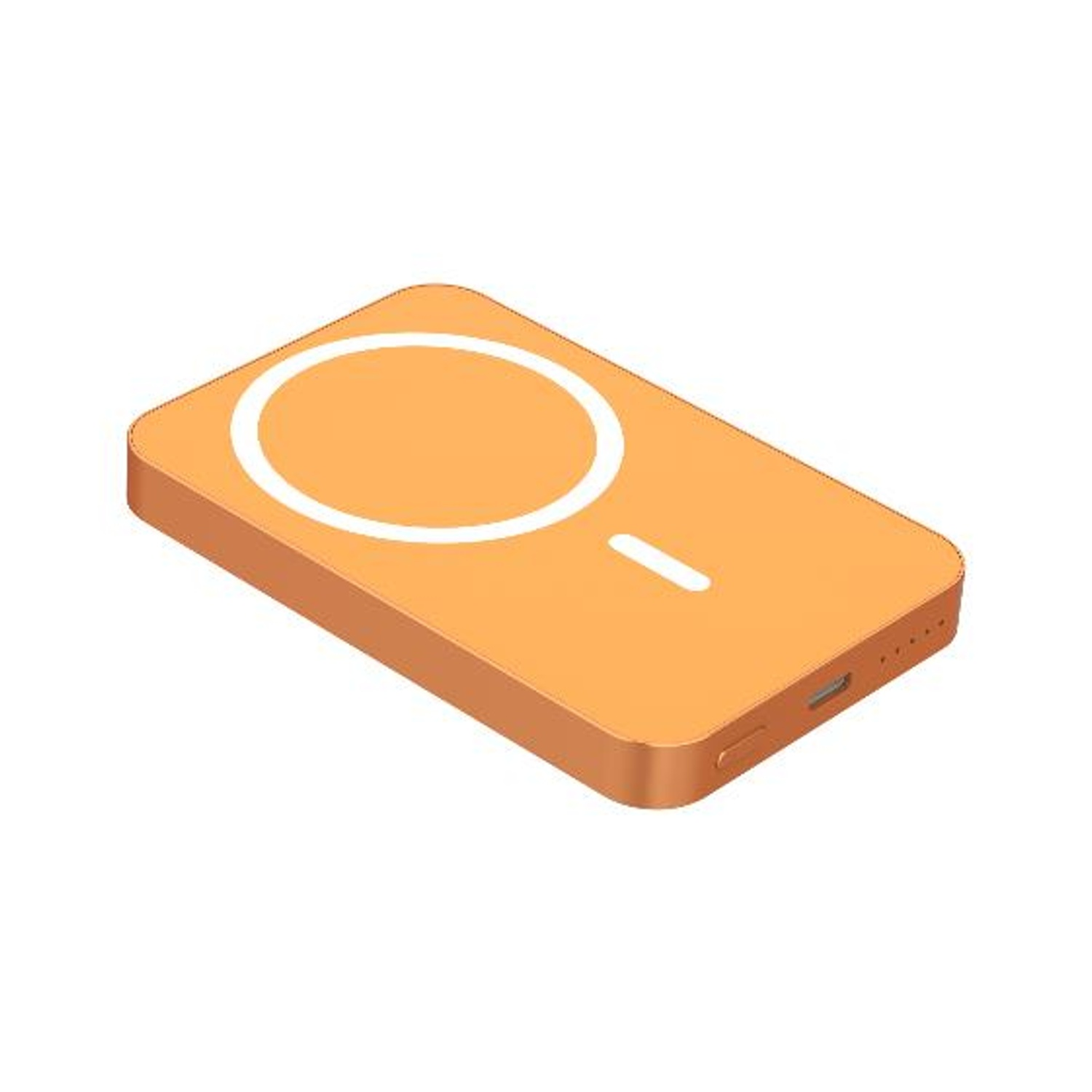 Un caricatore MagSafe arancione con cerchio bianco e trattino.