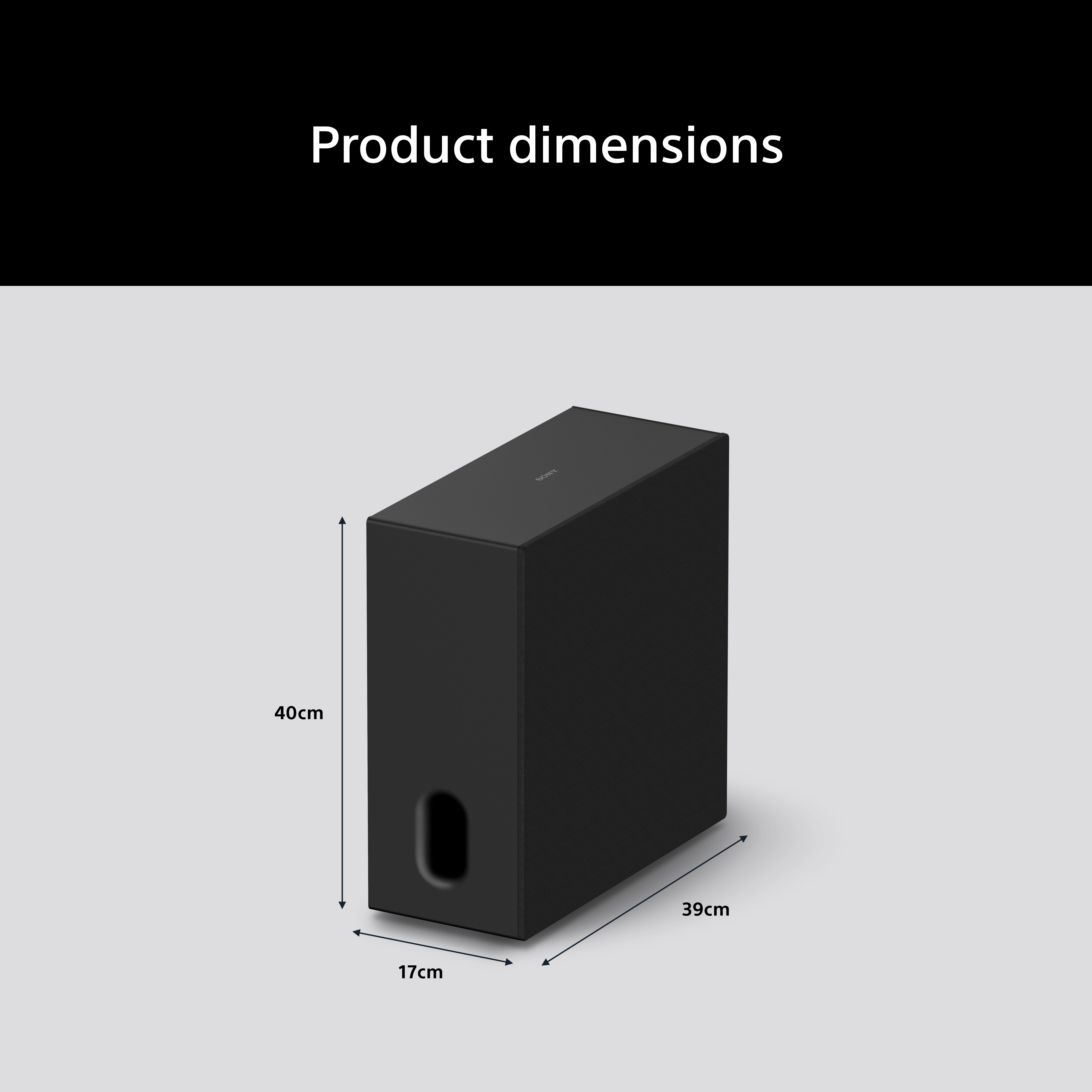 Schwarzer Subwoofer mit Maßen: 40cm Höhe, 39cm Tiefe, 17cm Breite.
