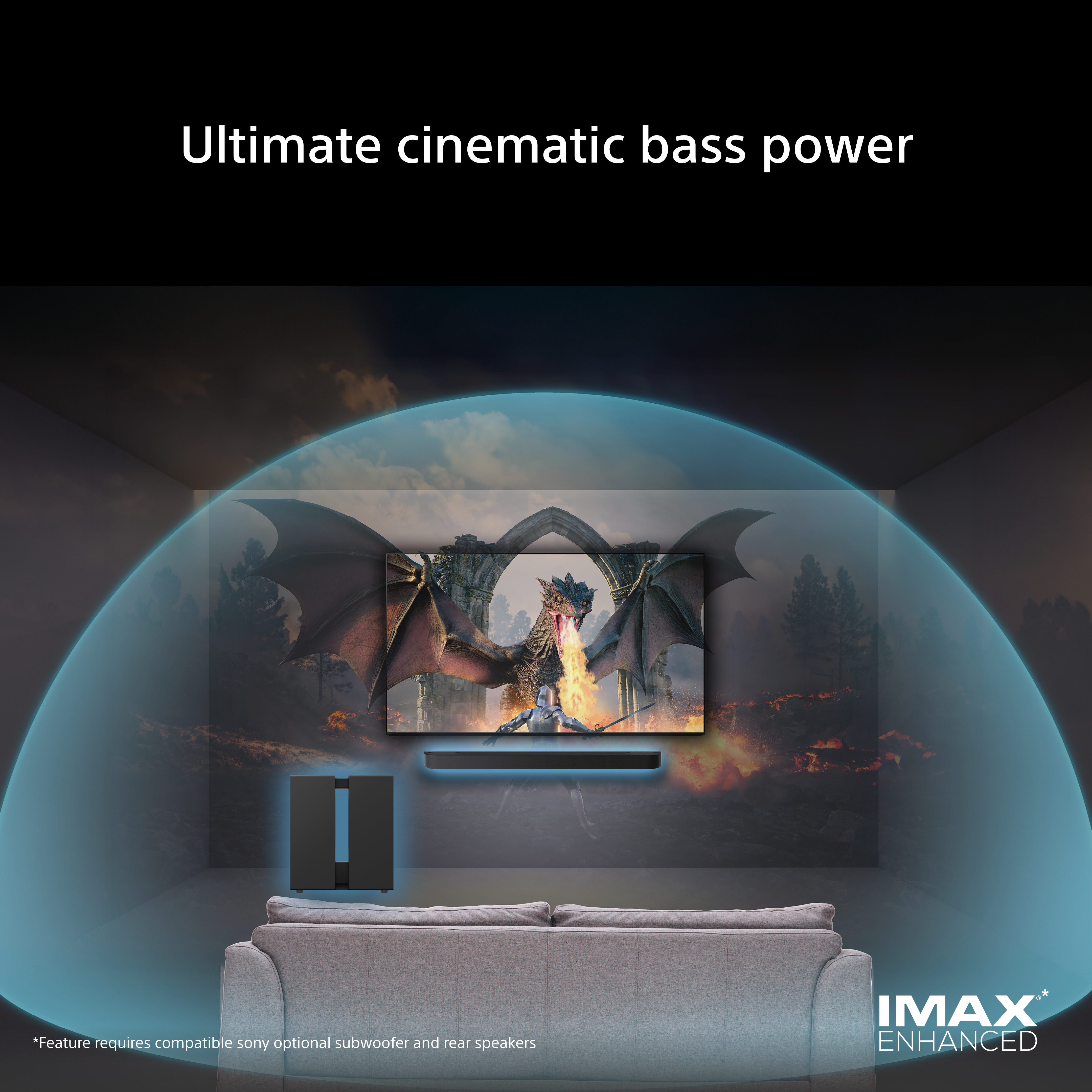 Un dragon crache du feu sur un chevalier devant un château, IMAX Enhanced.