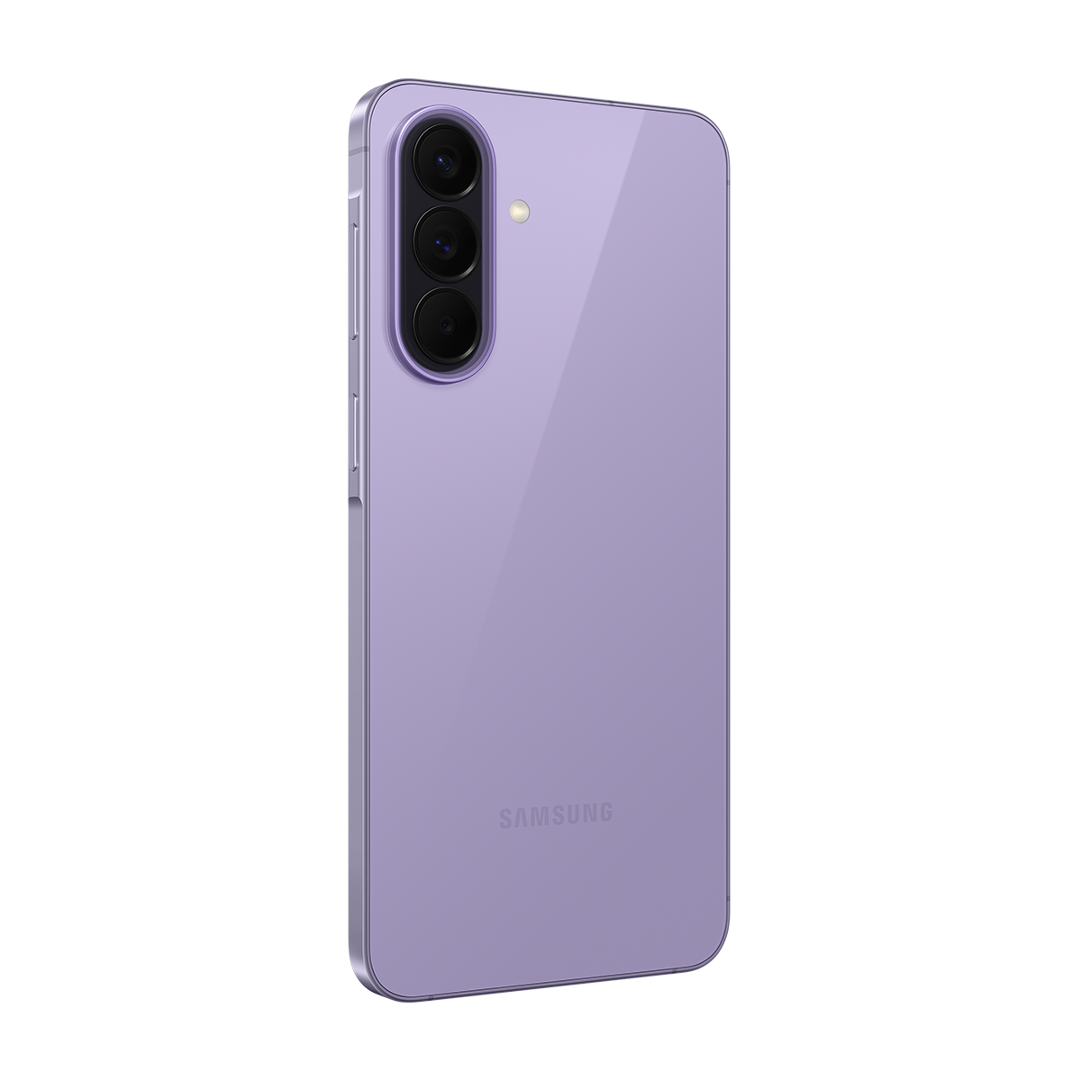 Üç arka kamerası olan mor Samsung akıllı telefon.