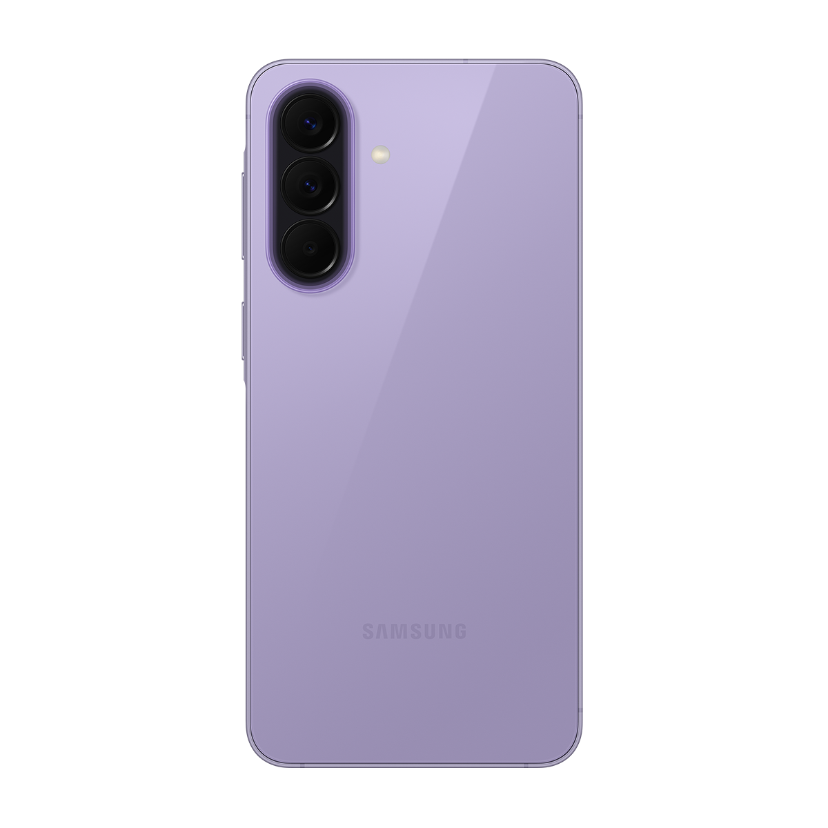 Arkada üç kamera ve flaşlı mor bir Samsung akıllı telefon.
