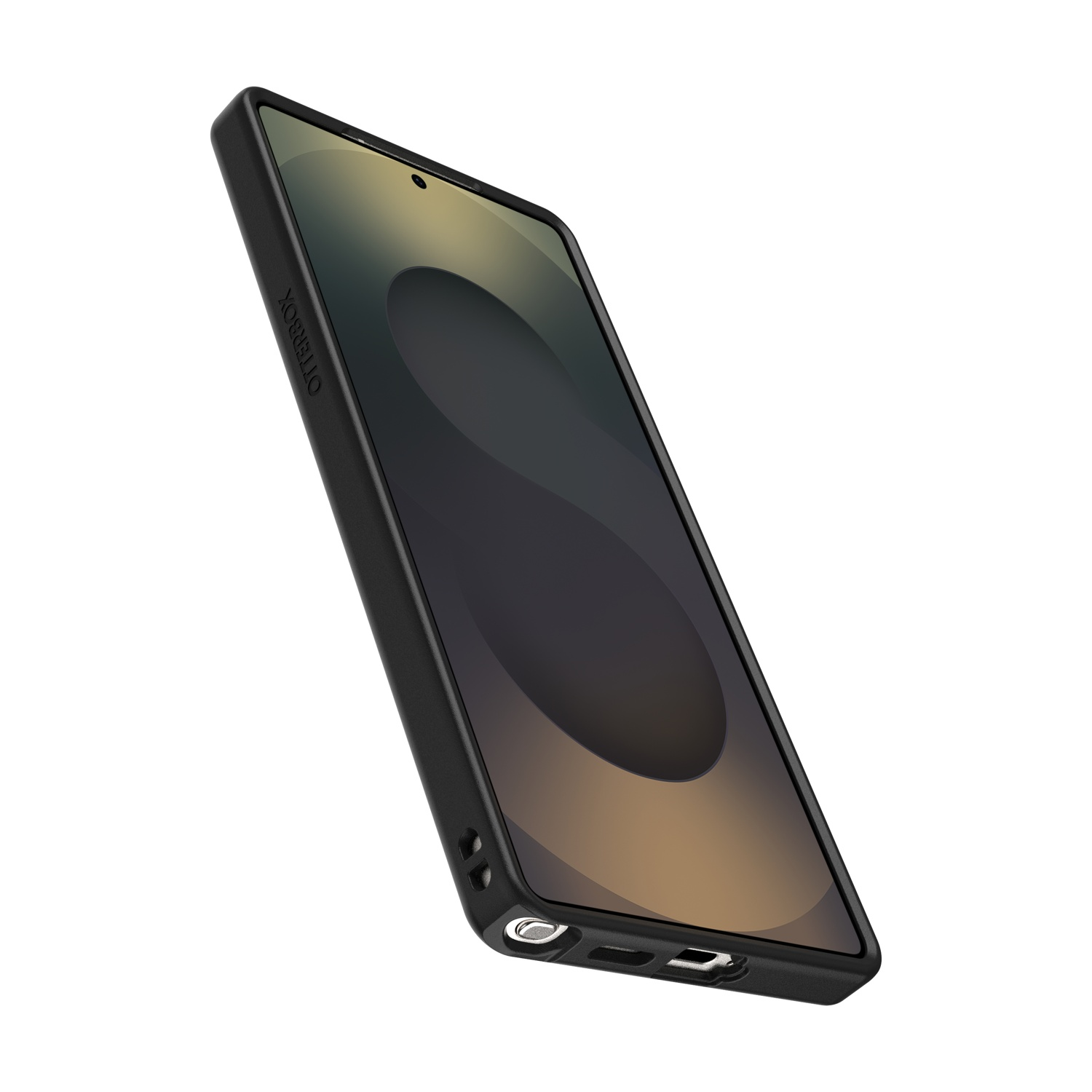 Smartphone nero con logo Otterbox, su sfondo bianco.