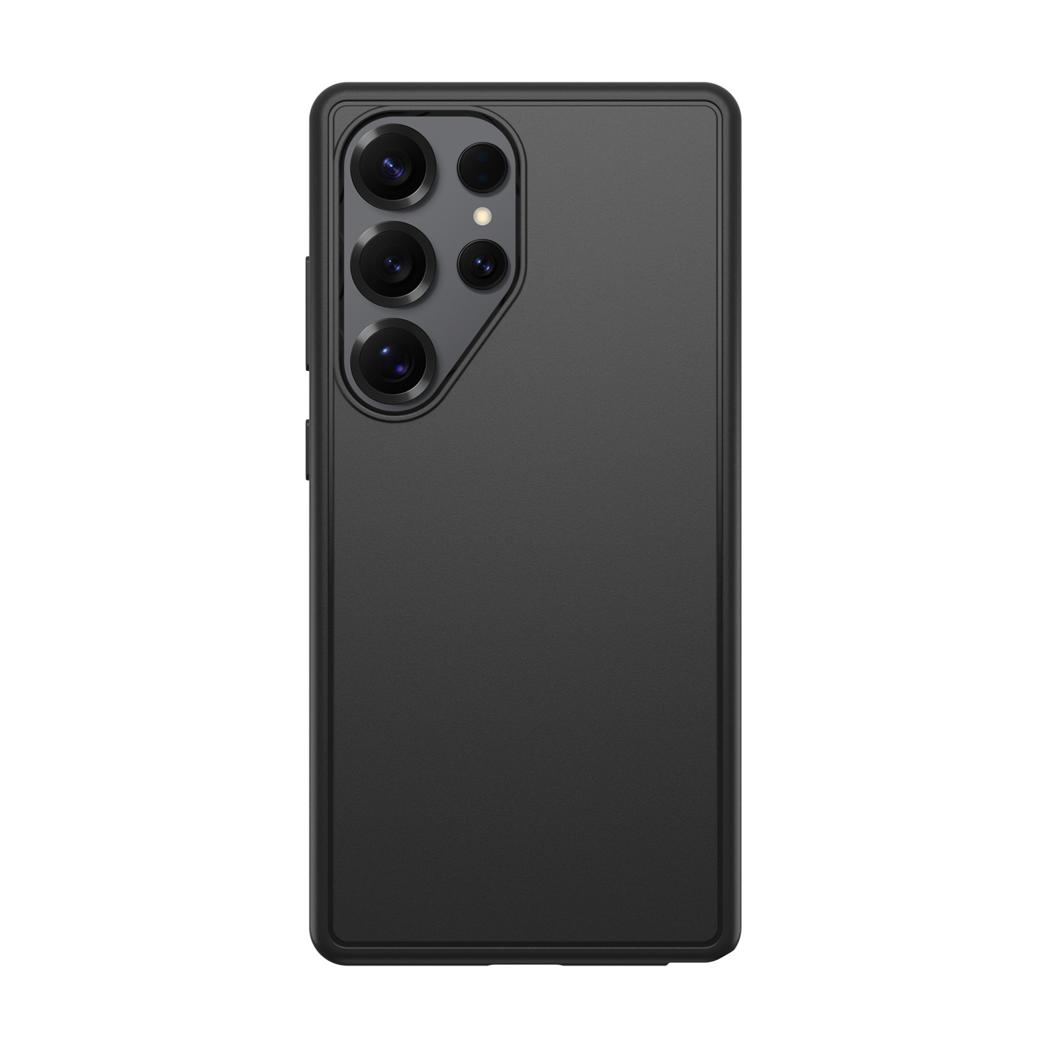 Retro di una custodia per smartphone nera con quattro obiettivi.