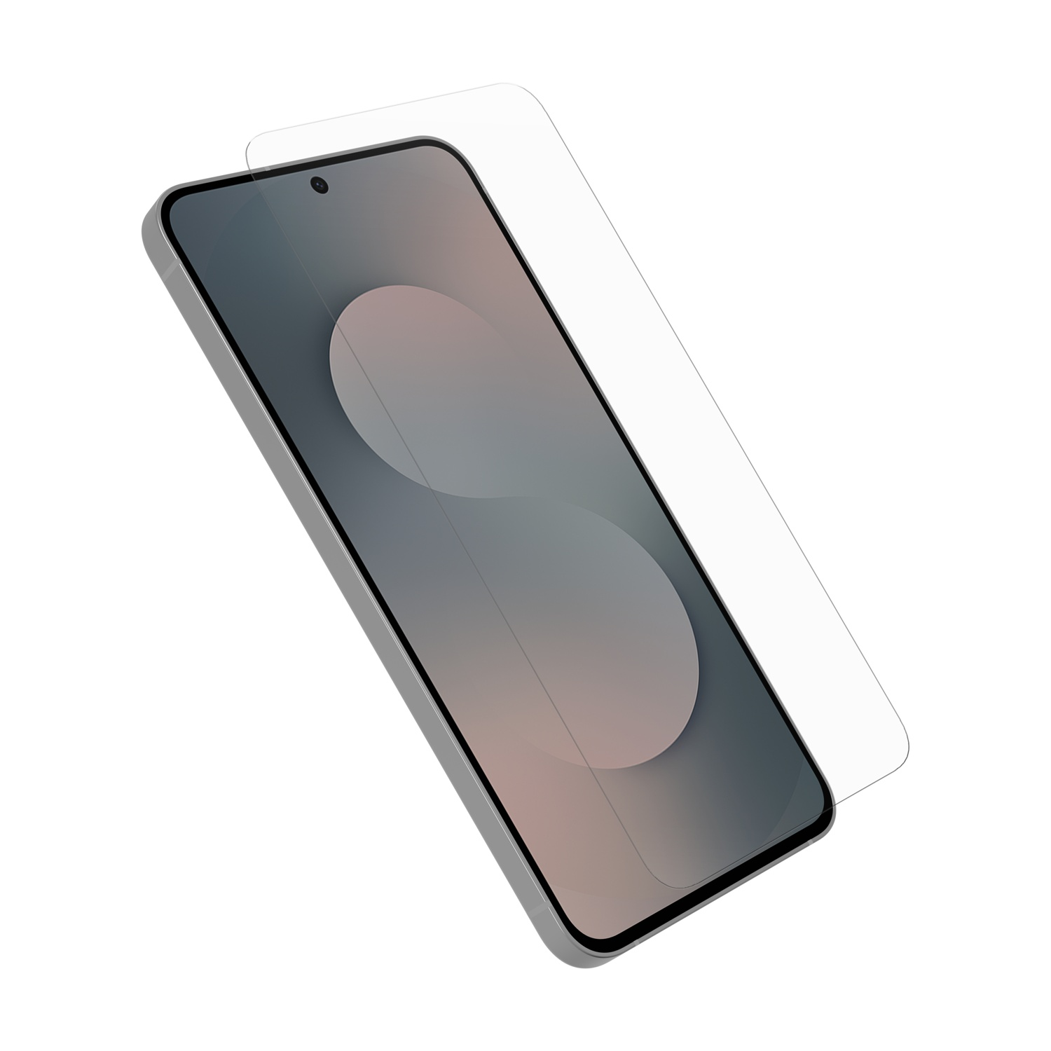 Uno smartphone grigio con una protezione per lo schermo leggermente spostata. Sfondo bianco.