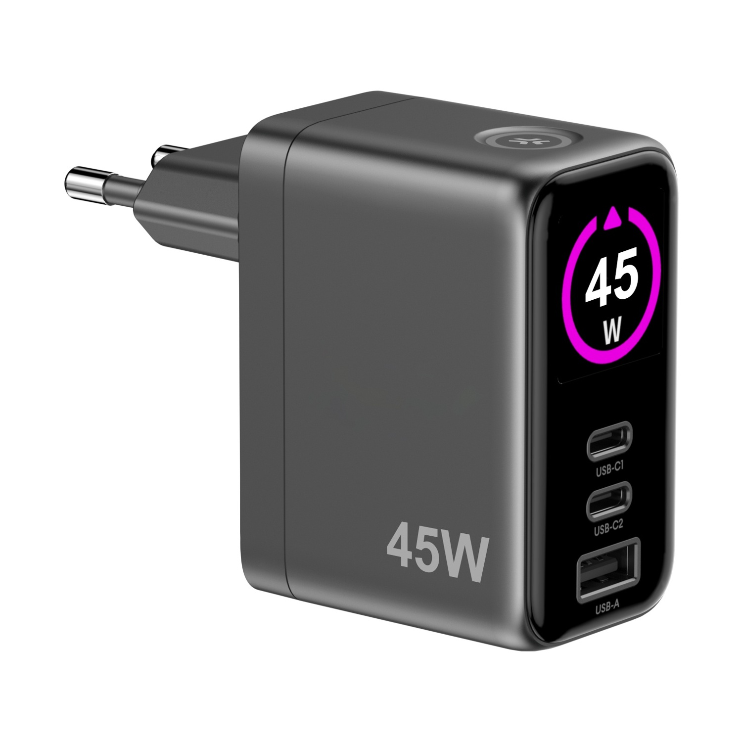 Un caricabatterie nero da 45W con due porte USB-C e una porta USB-A.
