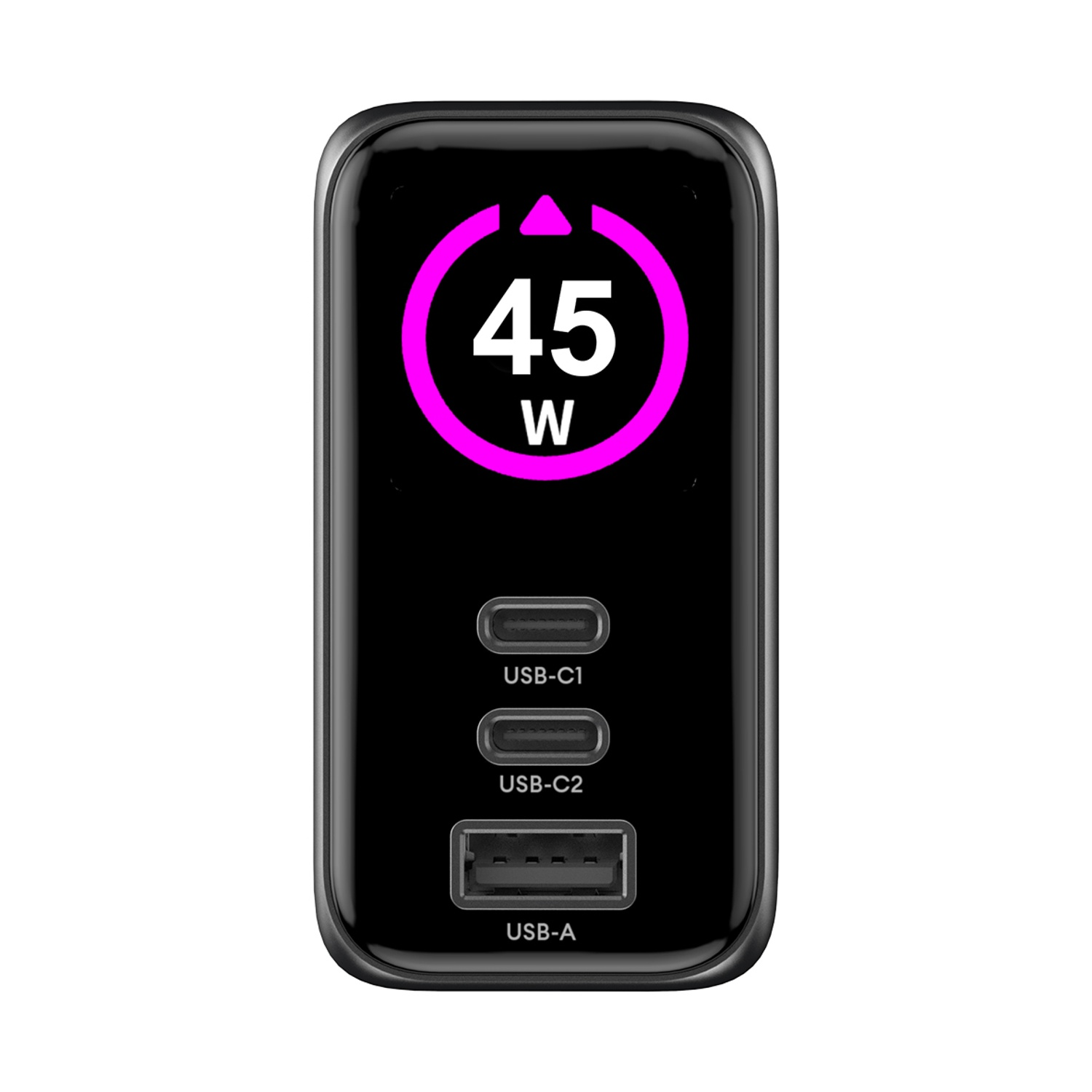 Caricabatterie nero con display digitale che mostra 45W. Due USB-C, un USB-A.