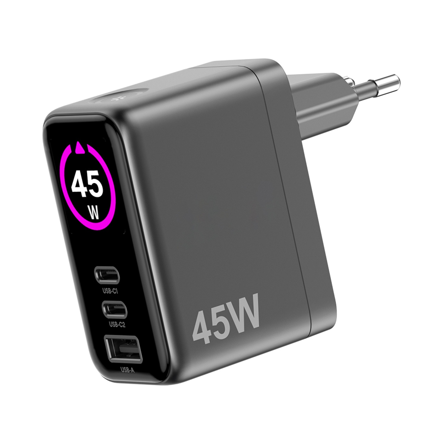 Un caricatore USB-C nero compatto da 45W con due porte USB-C e una porta USB-A.
