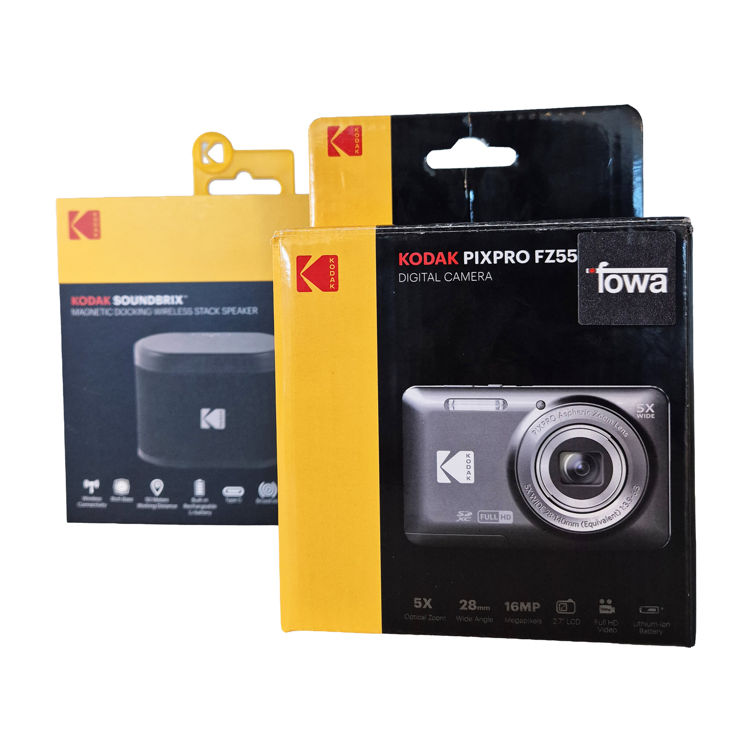 Due scatole di prodotti Kodak: una per altoparlante, una per fotocamera digitale.