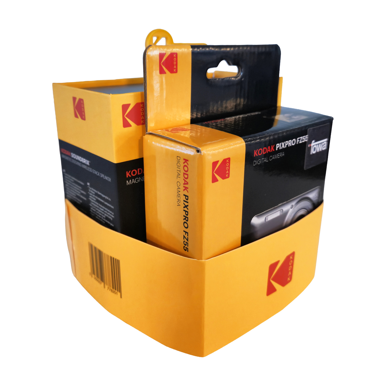 Confezione con fotocamere digitali e altoparlanti Kodak, gialla e nera.