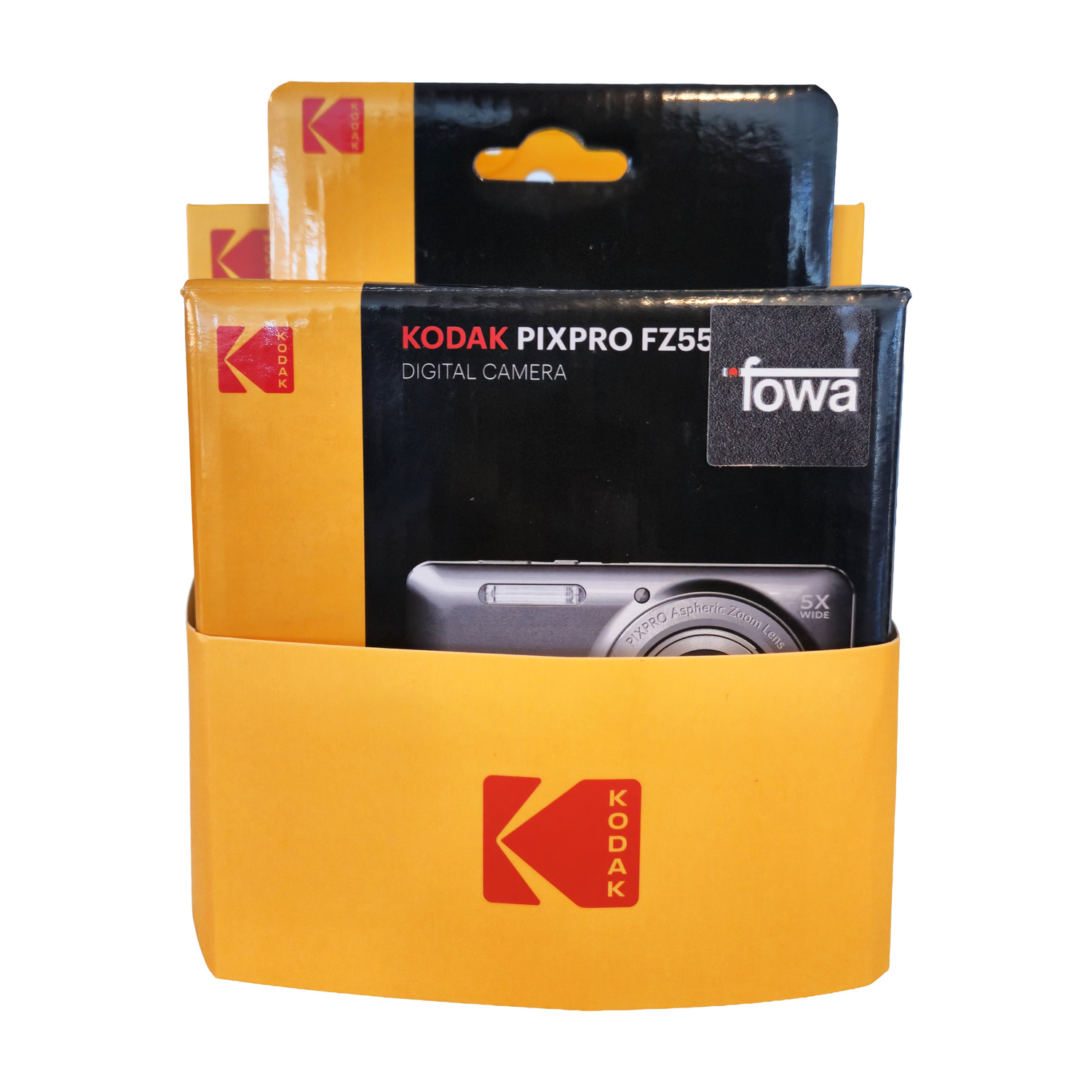 Confezione di fotocamere digitali Kodak Pixpro FZ55 con logo KODAK.