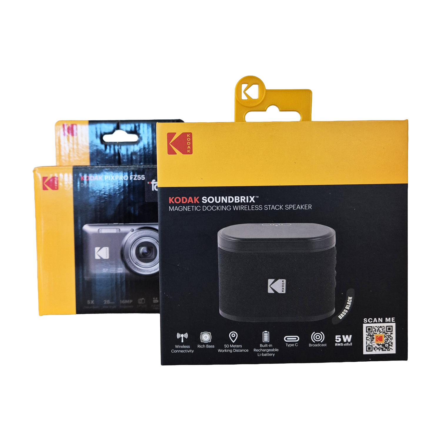 Altoparlante Kodak Soundbrix e fotocamera Pixpro FZ55 nelle loro confezioni.
