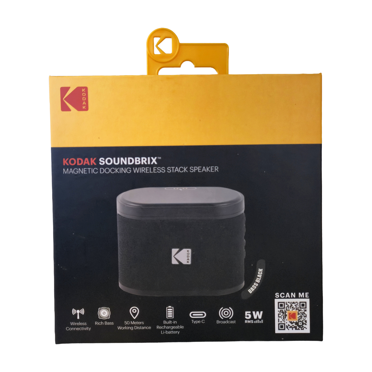 Confezione di un altoparlante Kodak Soundbrix nero con logo KODAK.
