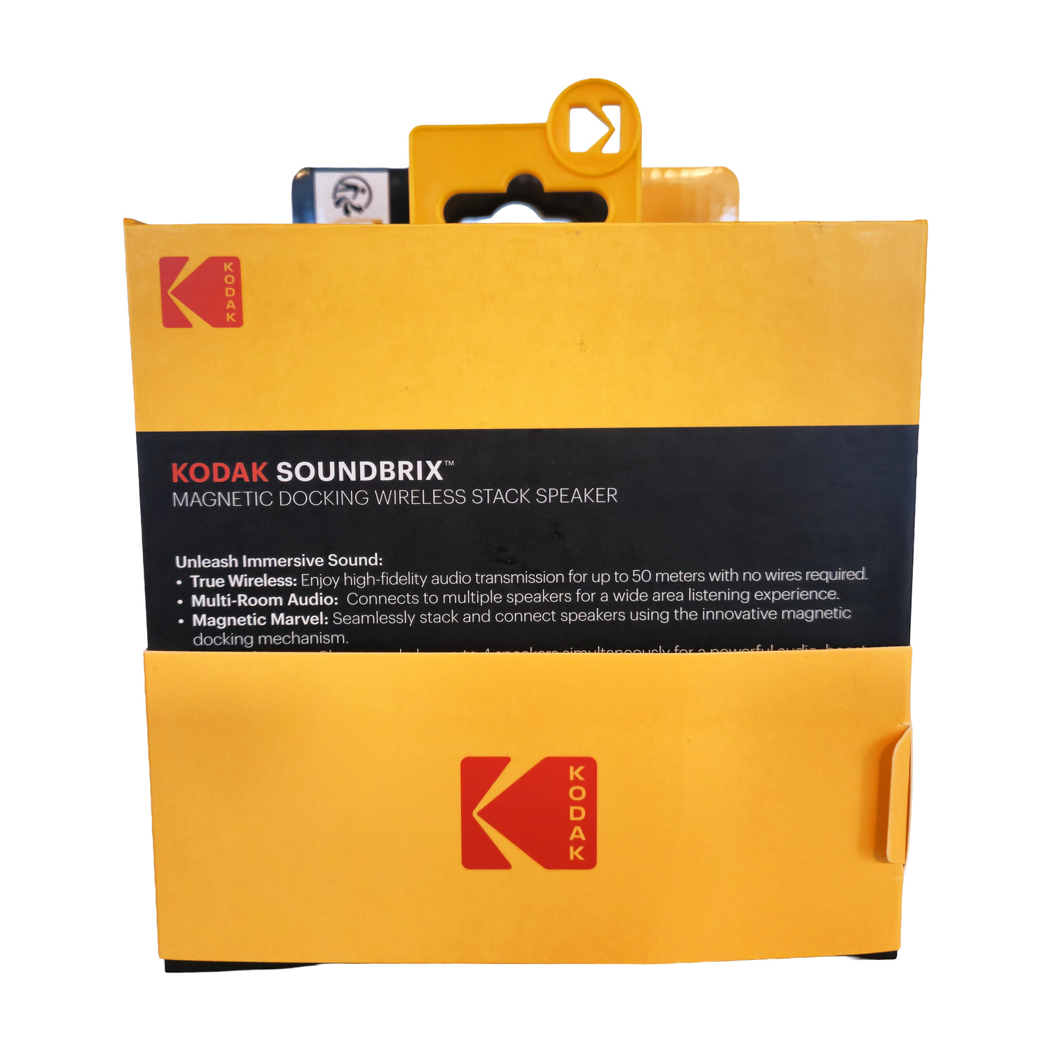 Confezione di un altoparlante KODAK SOUNDBRIX™ giallo con testo e loghi.
