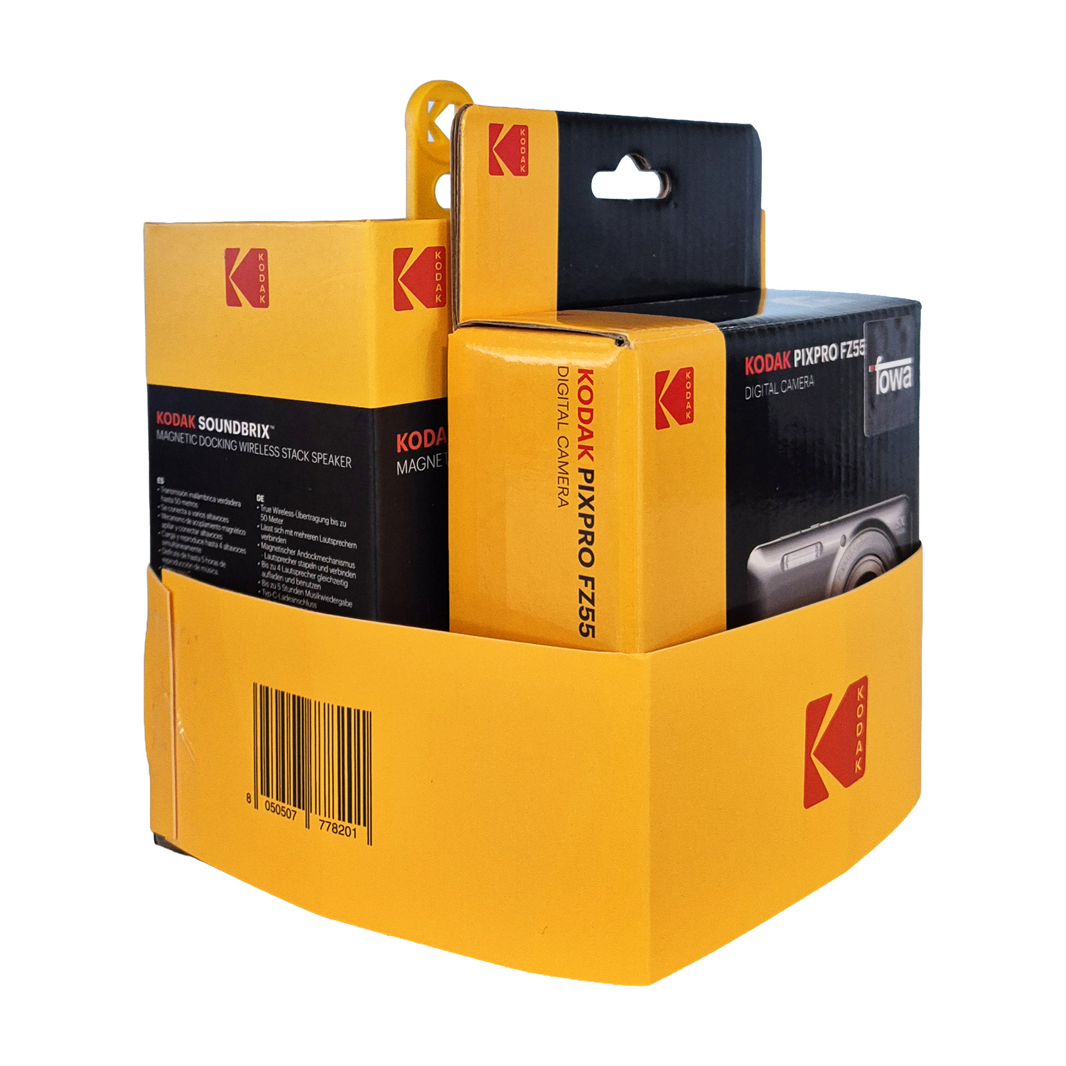 Confezione prodotto Kodak: Fotocamera digitale e altoparlante in giallo e nero.