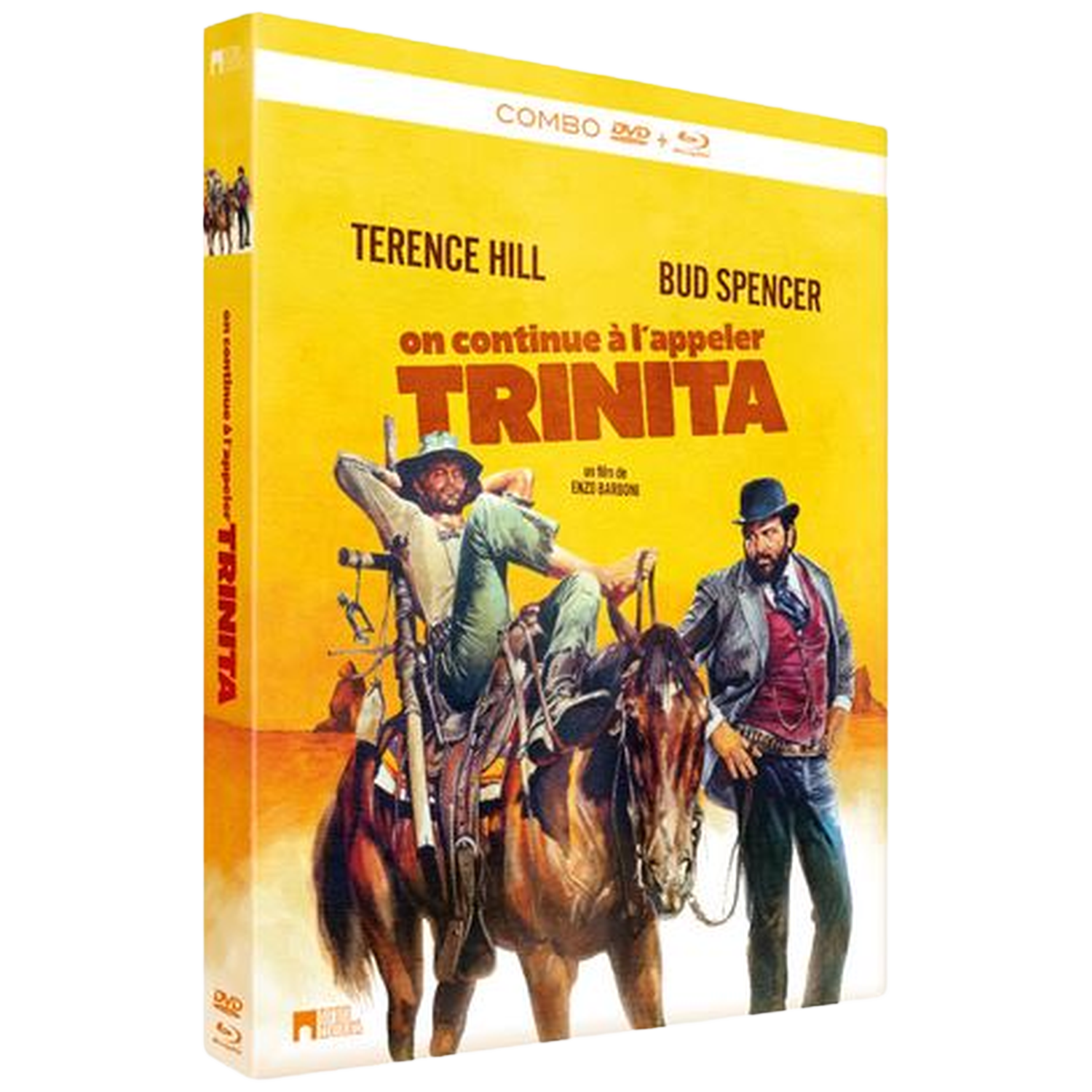 Dvd-hoes met twee mannen te paard, getiteld 'Trinity'.