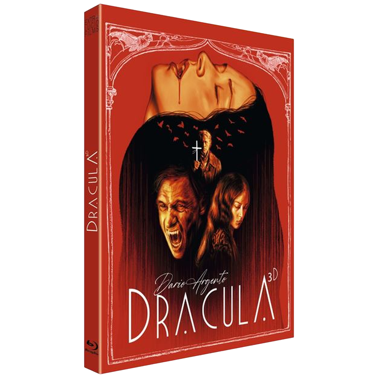 Couverture Blu-ray Dracula 3D de Dario Argento avec motif effrayant et chauves-souris.