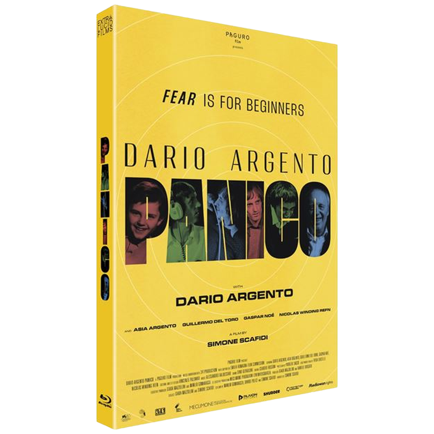Couverture Blu-ray jaune du film PANICO de Dario Argento. Titre, visages et crédits.