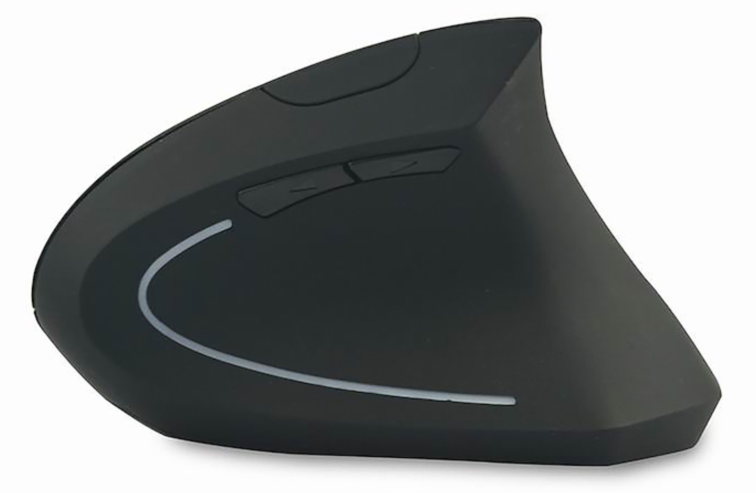 Ratón vertical ergonómico negro con dos botones laterales y banda iluminada.