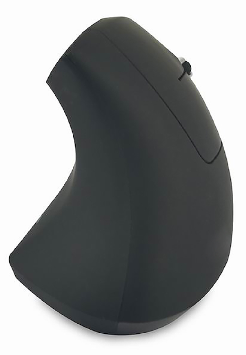 Un ratón vertical negro para computadora con rueda de desplazamiento sobre fondo blanco.