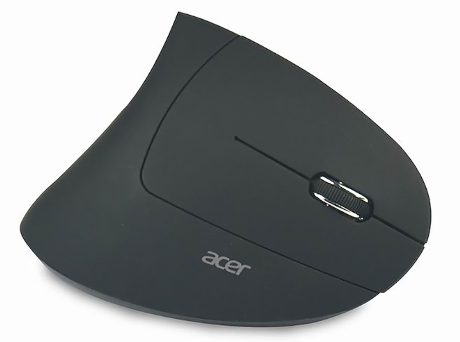 Un ratón de ordenador vertical negro con logo de Acer y rueda de desplazamiento.