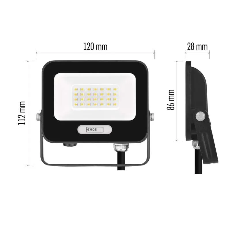 Fekete LED-es reflektor méretekkel és nézetekkel.