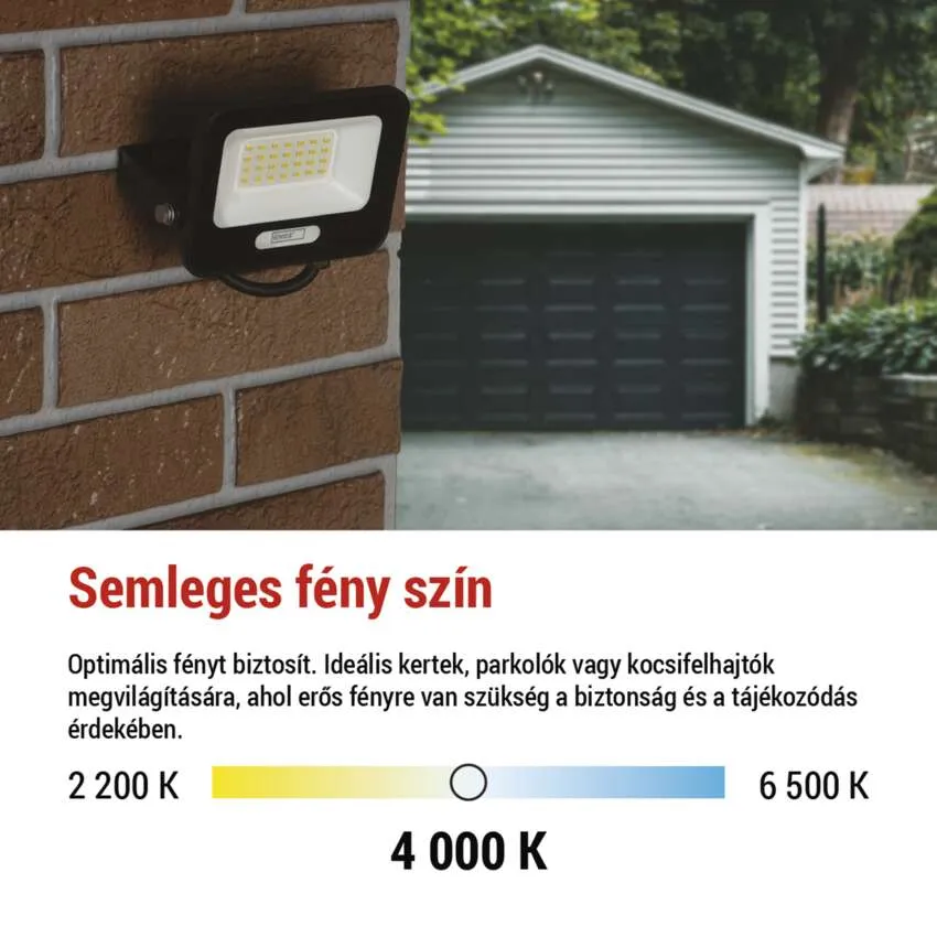 Spotlámpa téglafalon. Garázs és fák hátul. Színhőmérséklet skála.