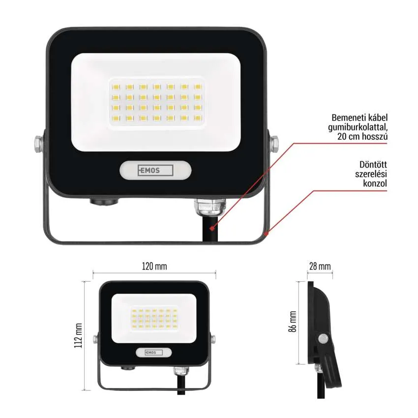 Fekete LED-es reflektor méretekkel, tartókonzollal és kábellel.