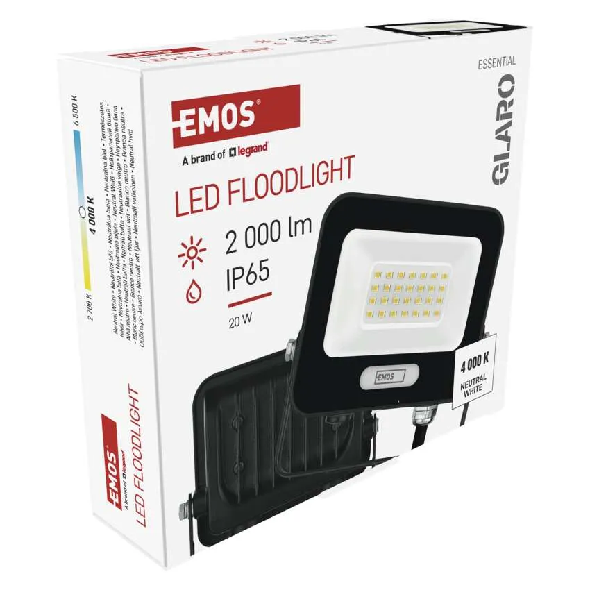 EMOS LED-es reflektor csomagolása, 2000 lm és IP65 jelöléssel.