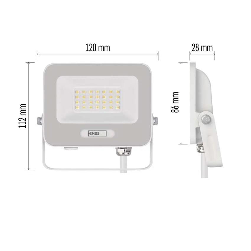Szürke LED-es reflektor 120x112x28mm méretekkel, látható LED-ekkel.
