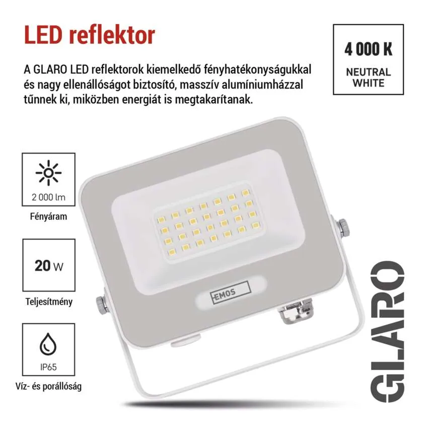 Szürke LED-reflektor sok LED-del, 2000lm, 20W, IP65. Márkajelzés jobb fent.