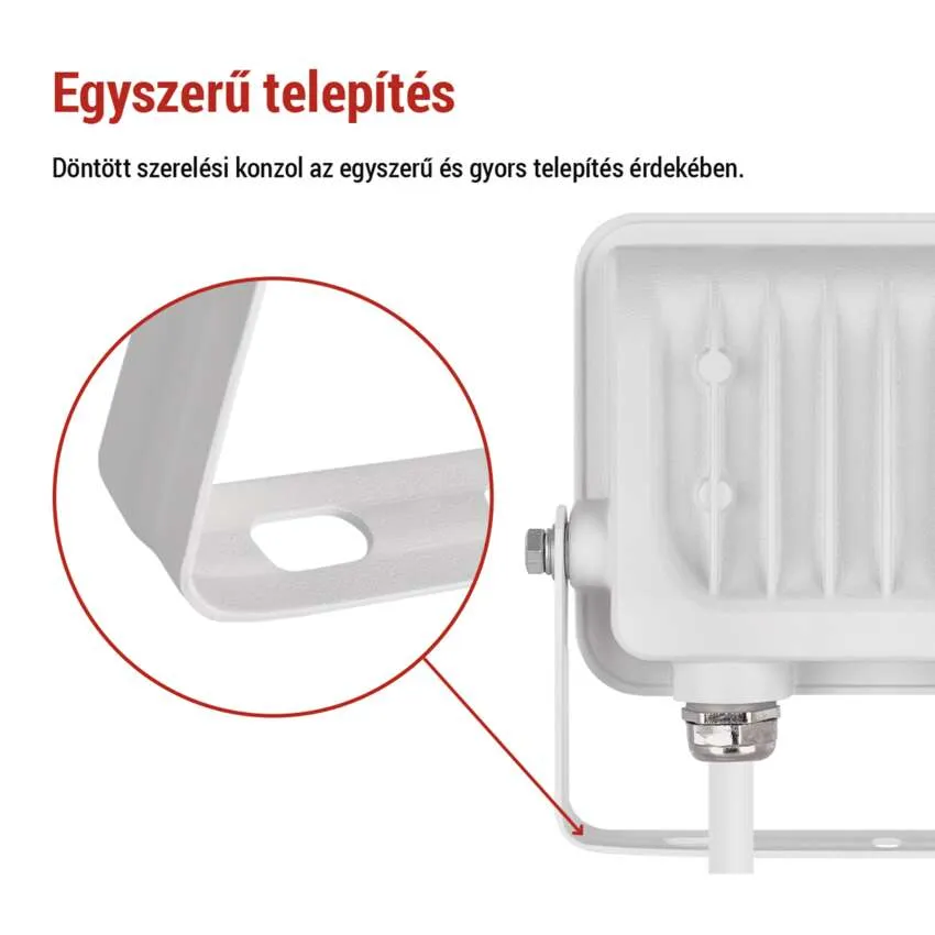 Fehér reflektor, amelynek rögzítőkonzolját közelről mutatják be.