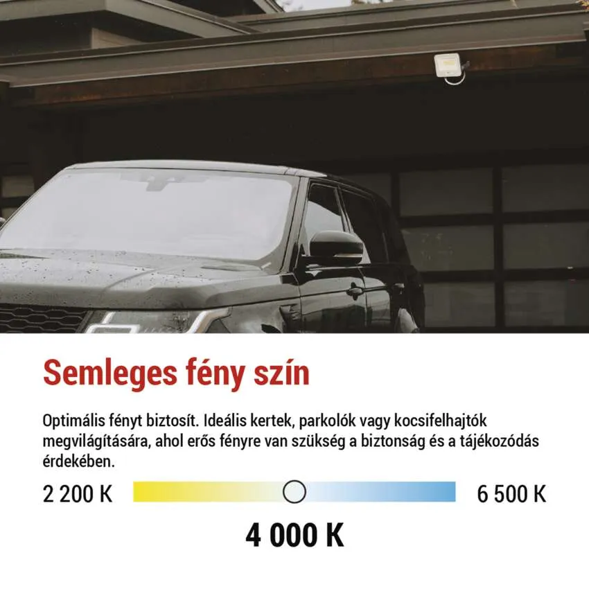 Fekete autó garázsajtó előtt lámpával. Színhőmérséklet skála.