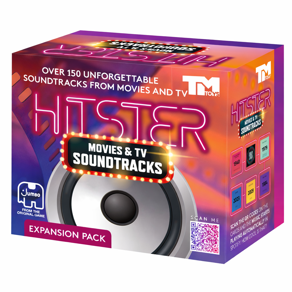 Hitster Film & TV Filmzene kiegészítő csomag doboza. Hangszórót és QR-kódokat tartalmaz.