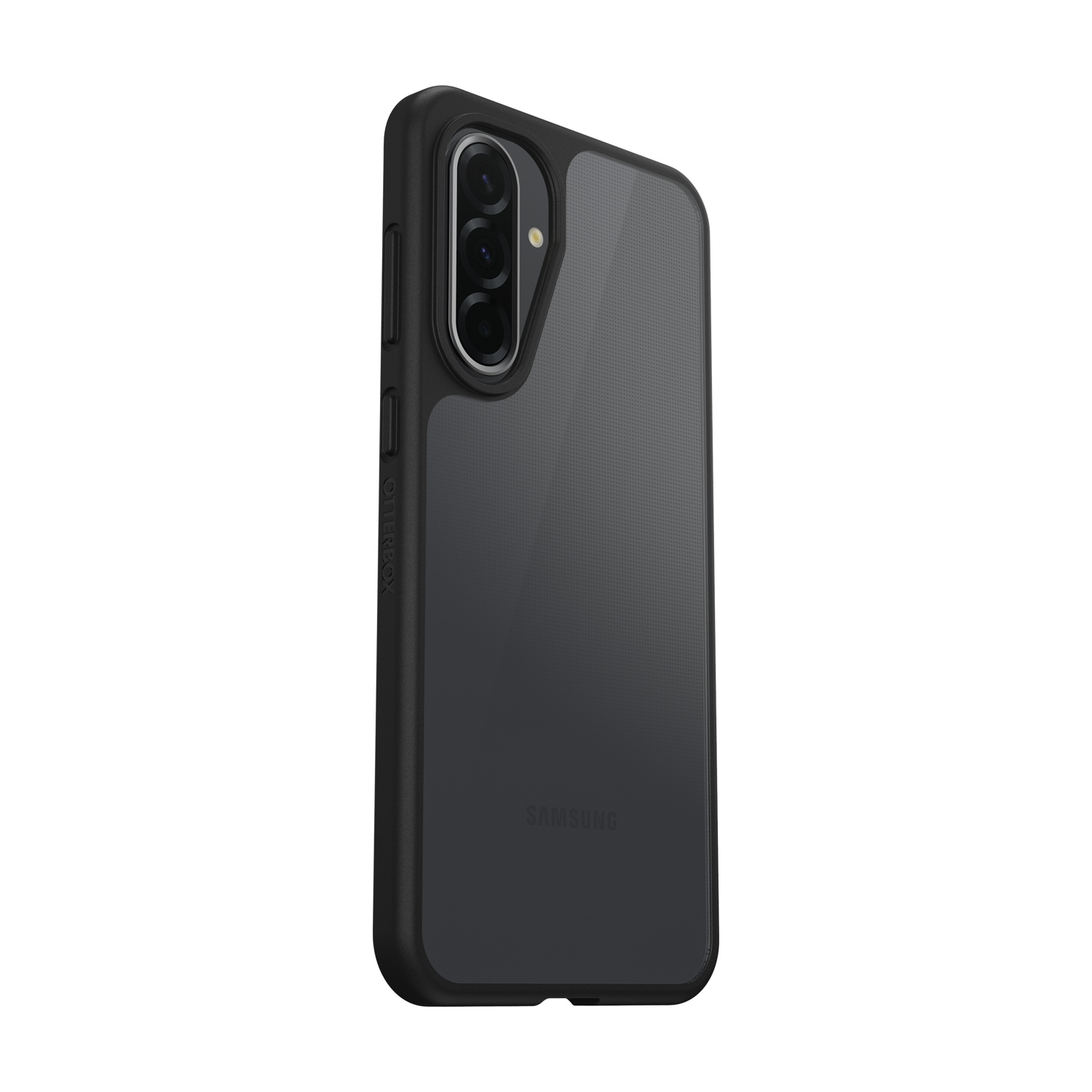 Telefono Samsung nero in custodia trasparente con tre obiettivi.