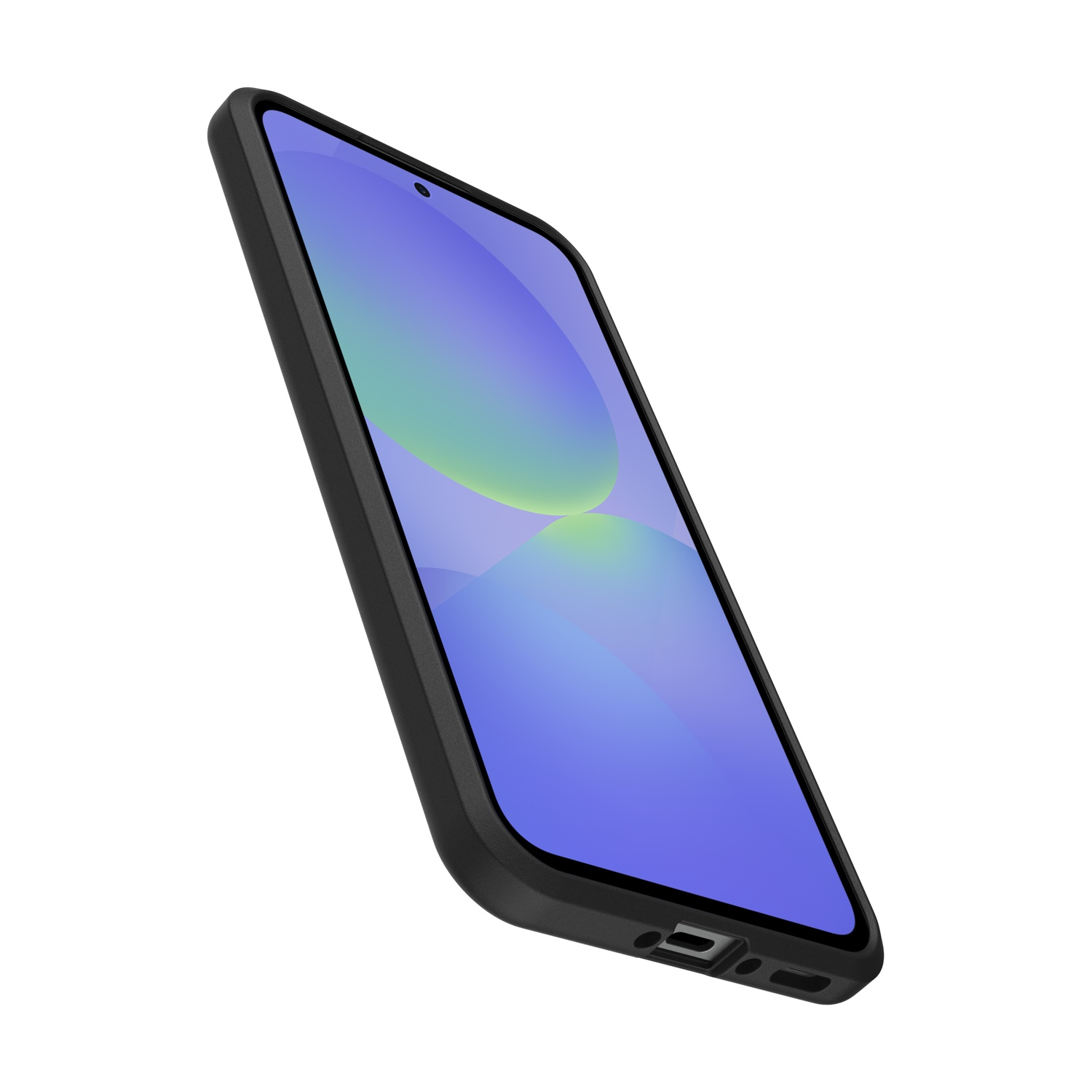 Uno smartphone nero con sfondo blu e viola su sfondo bianco.