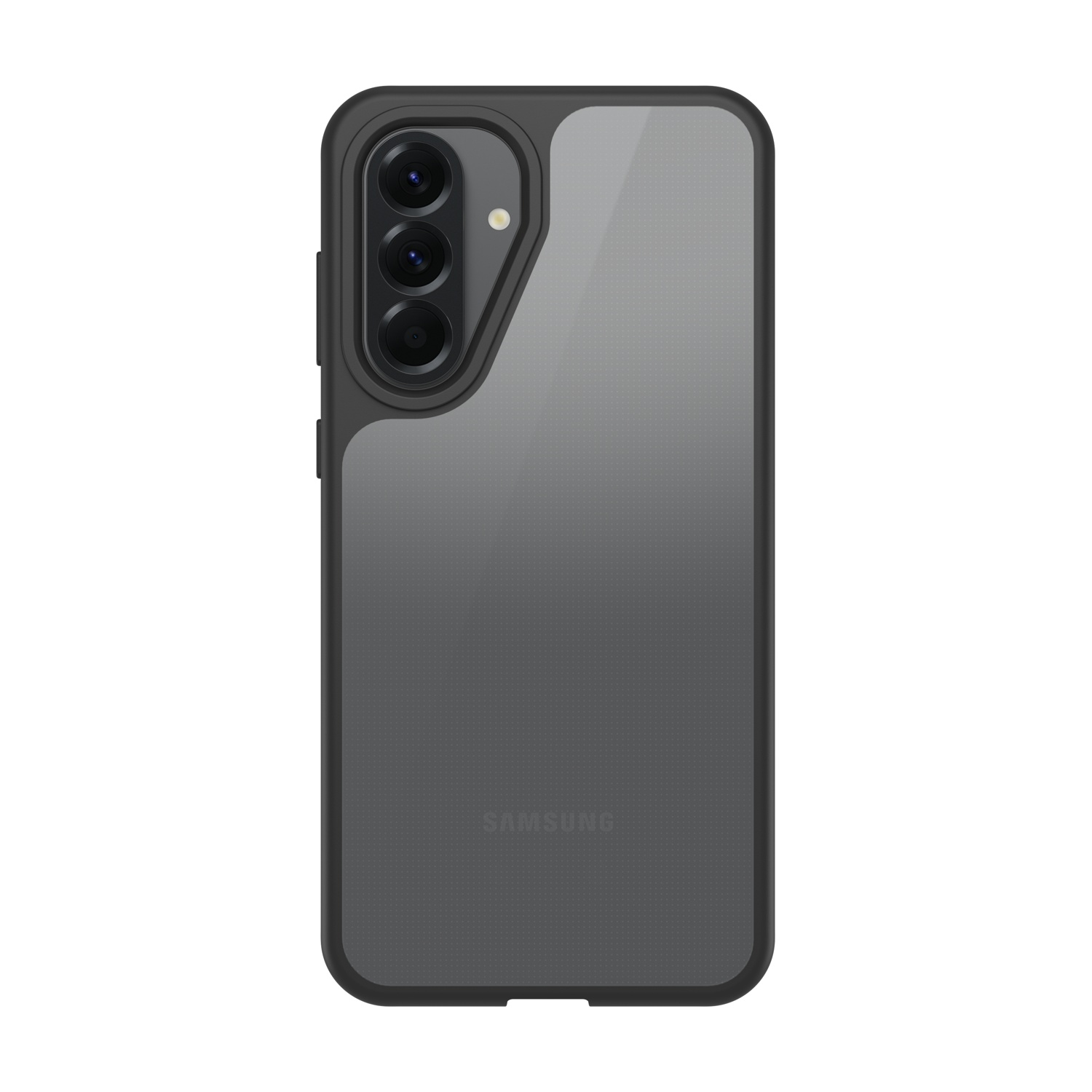 Telefono grigio scuro con tre fotocamere e logo Samsung sul retro.