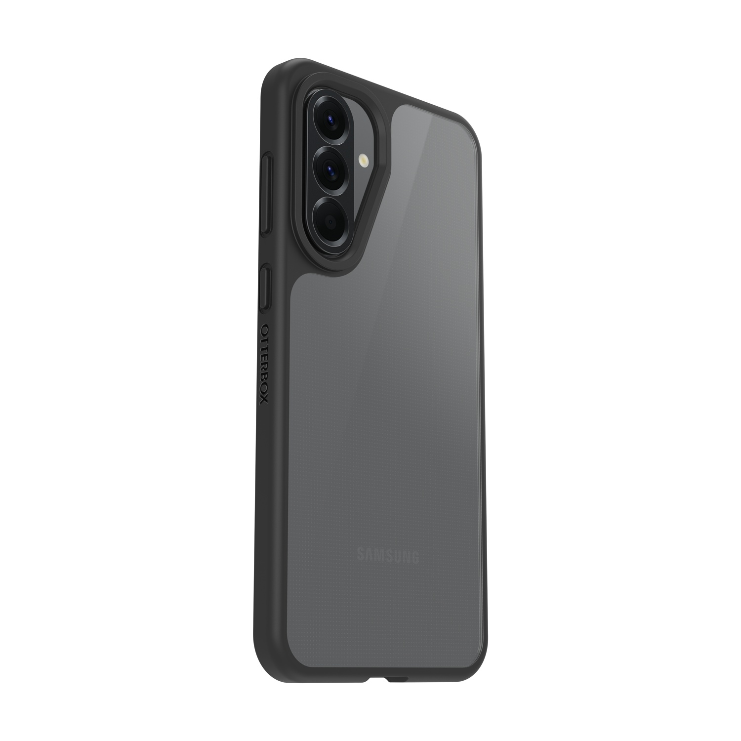 Vista posteriore di una custodia Otterbox nera con retro trasparente e tre obiettivi.