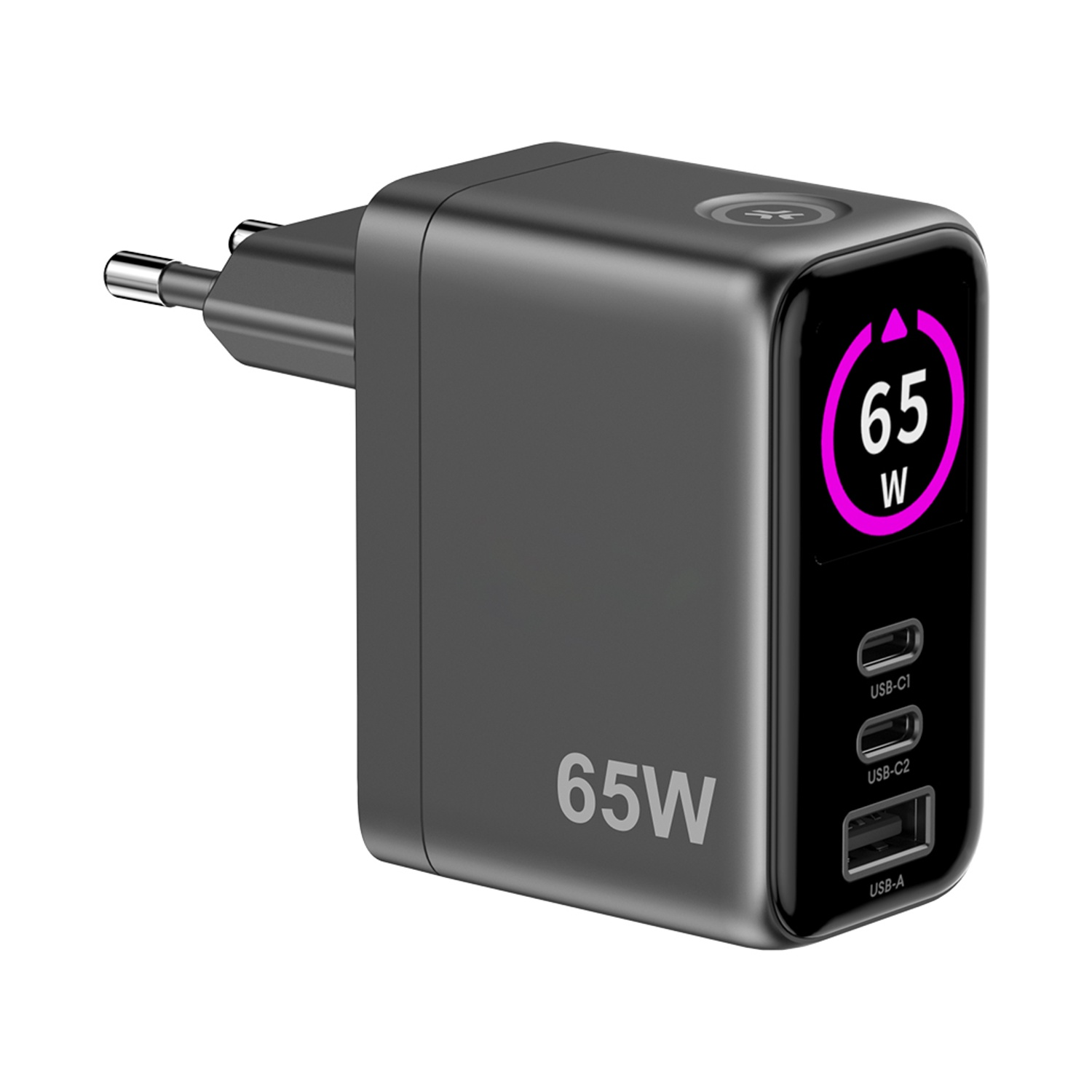 Caricatore USB grigio da 65W con due porte USB-C e una porta USB-A.