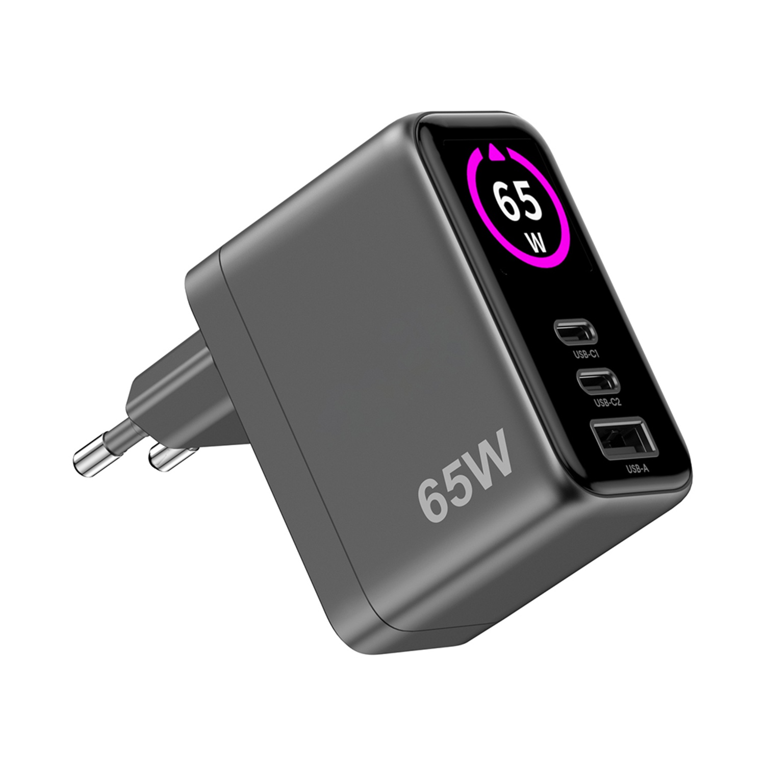 Alimentatore USB-C grigio da 65W con display digitale e porte multiple.