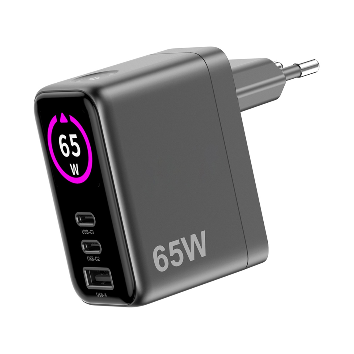 Un caricatore nero da 65W con due porte USB-C e una porta USB-A.