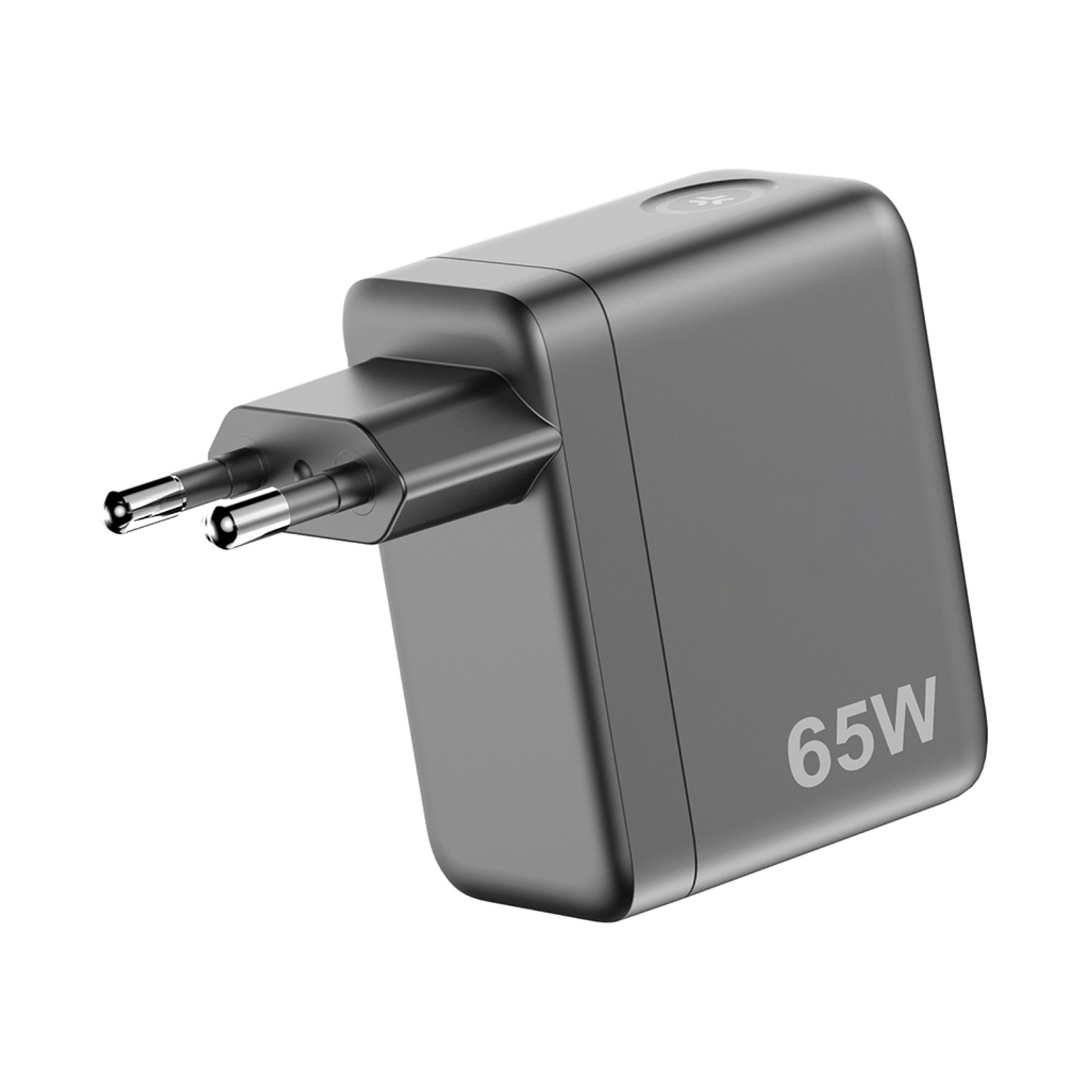 Adattatore di alimentazione grigio da 65W con due pin e logo.
