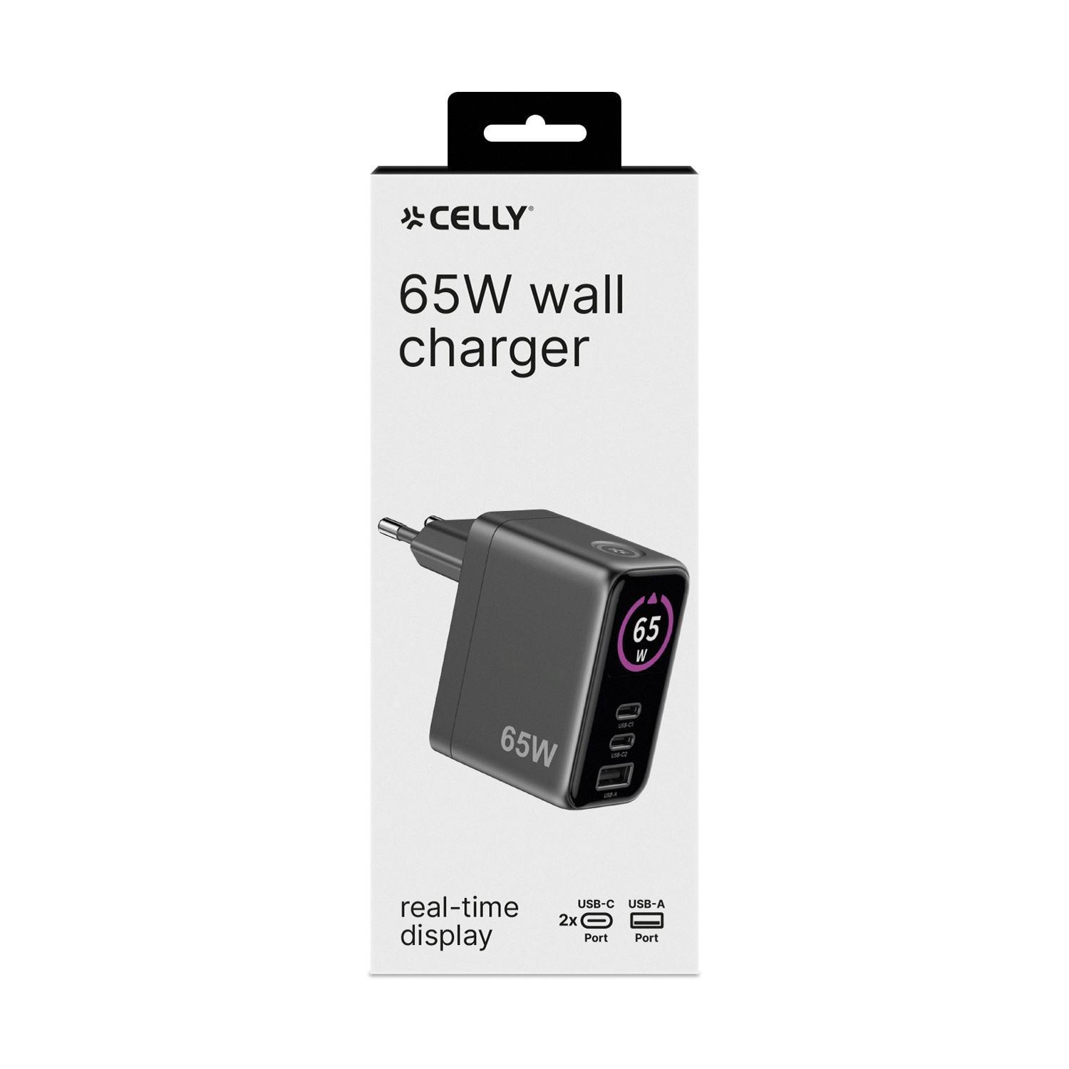 Caricabatterie da muro nero CELLEY da 65W con 2 porte USB-C e 1 USB-A.