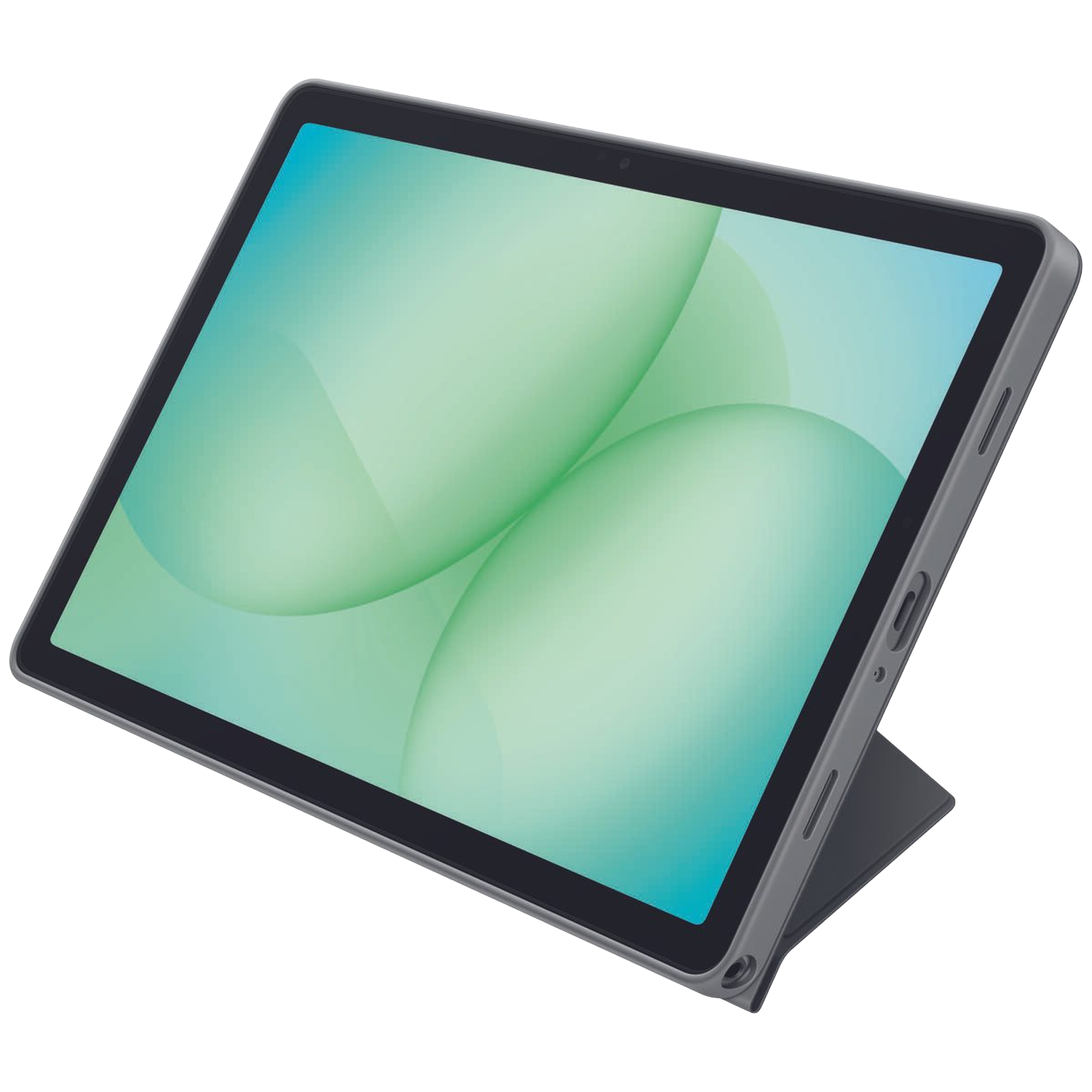 Een grijze tablet met een groene en blauwe achtergrondafbeelding op het scherm.