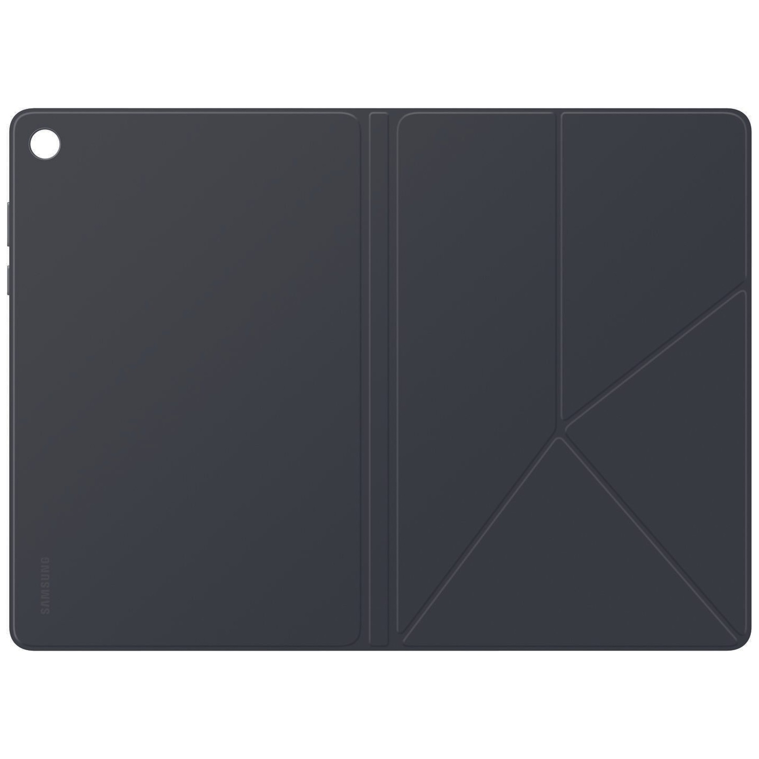 Donkergrijs Samsung tablethoes met vouwpatroon aan de rechterkant.