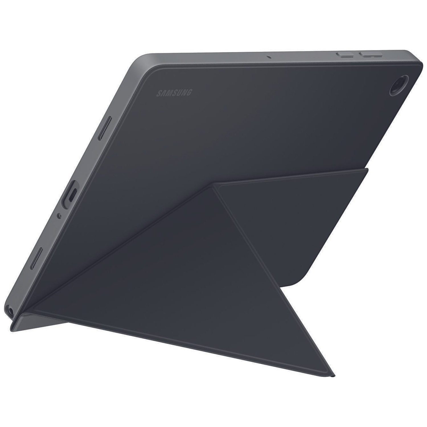 Donkergrijs Samsung tablet met standaard, op witte achtergrond.